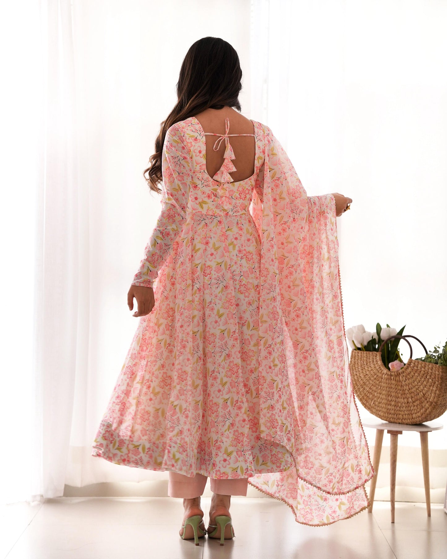 Pink Heavy Orange Chiffon with Floral Print 3pc Kurta Set