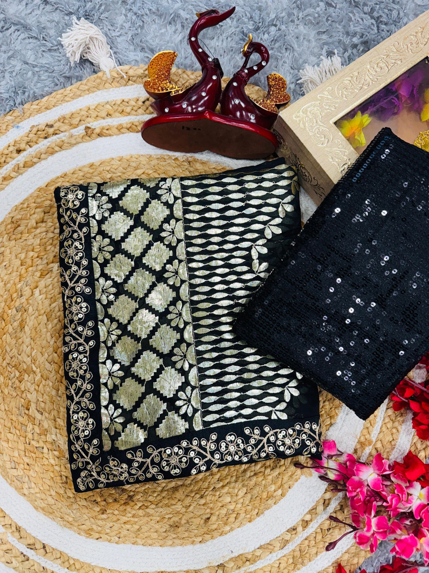 Black Rangoli Silk With Zari & Foil Embroidery Work Saree