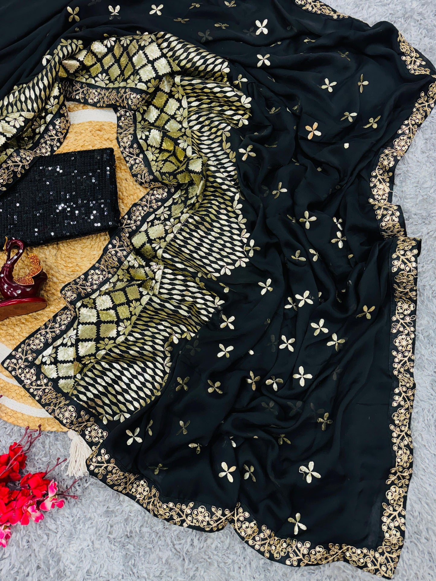 Black Rangoli Silk With Zari & Foil Embroidery Work Saree