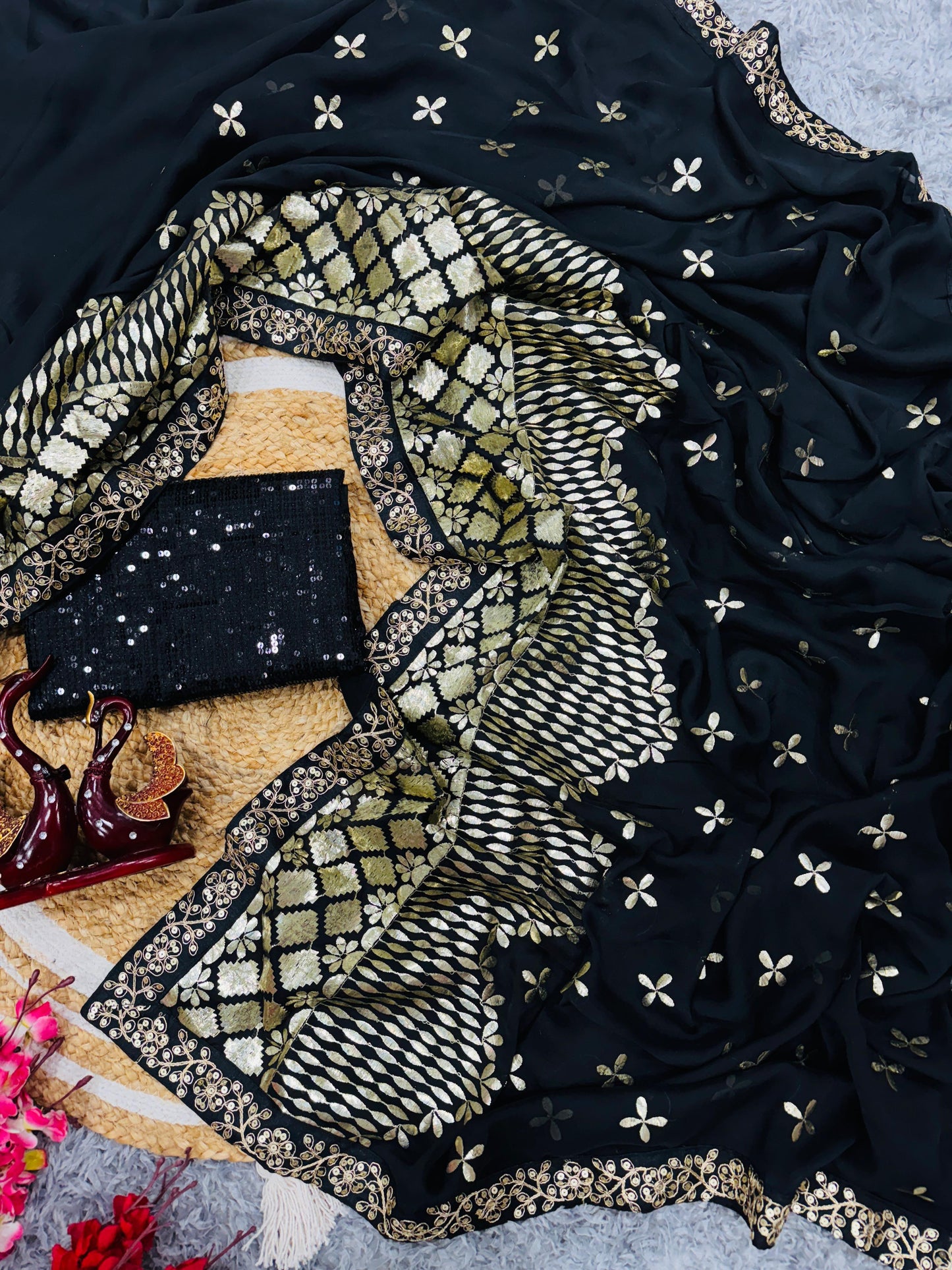 Black Rangoli Silk With Zari & Foil Embroidery Work Saree