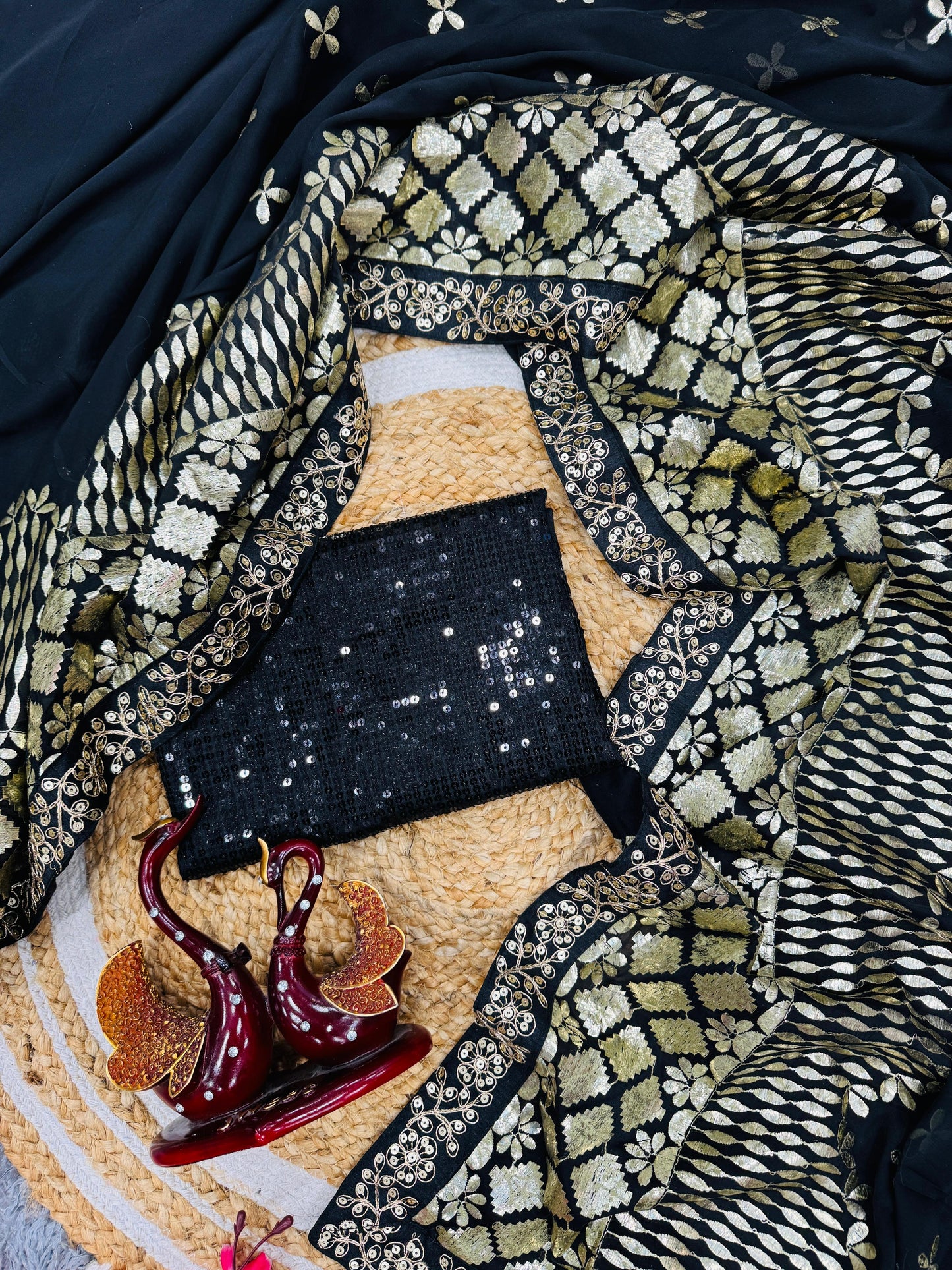 Black Rangoli Silk With Zari & Foil Embroidery Work Saree