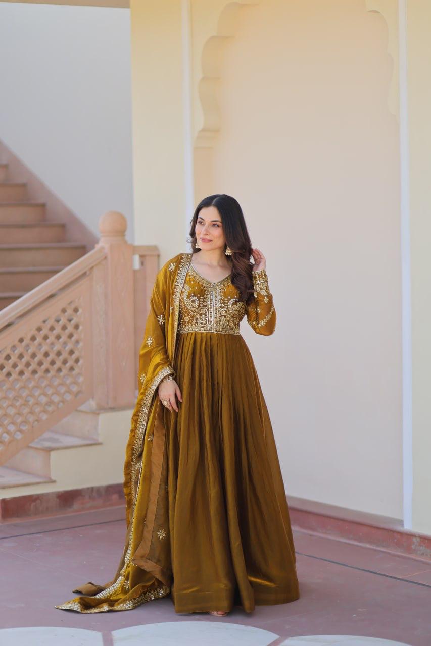 Mehendi Fendy With Zari & Sequins Gown With Dupatta