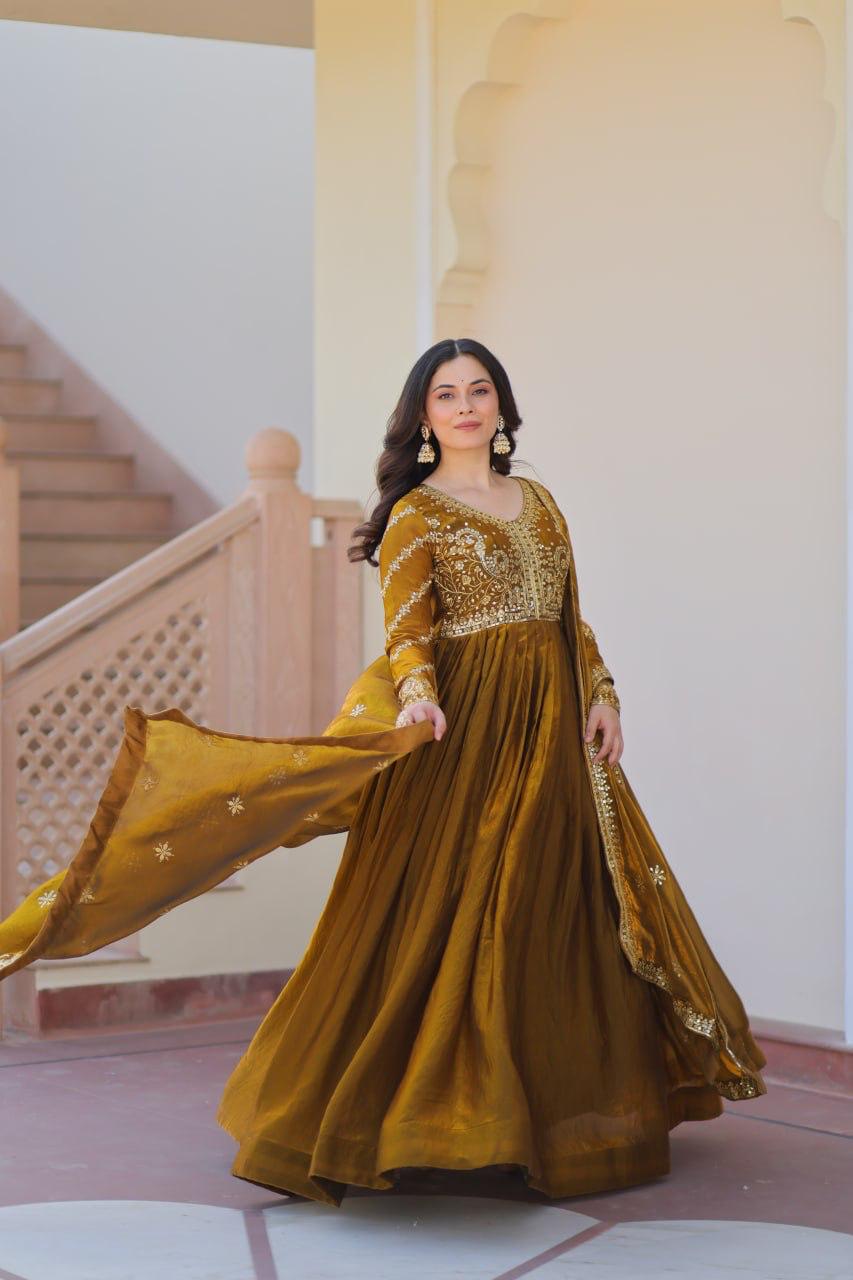 Mehendi Fendy With Zari & Sequins Gown With Dupatta