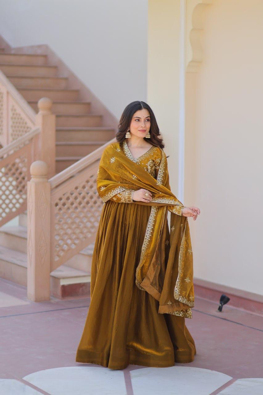 Mehendi Fendy With Zari & Sequins Gown With Dupatta