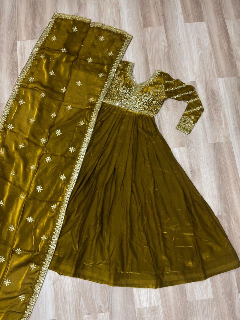 Mehendi Fendy With Zari & Sequins Gown With Dupatta