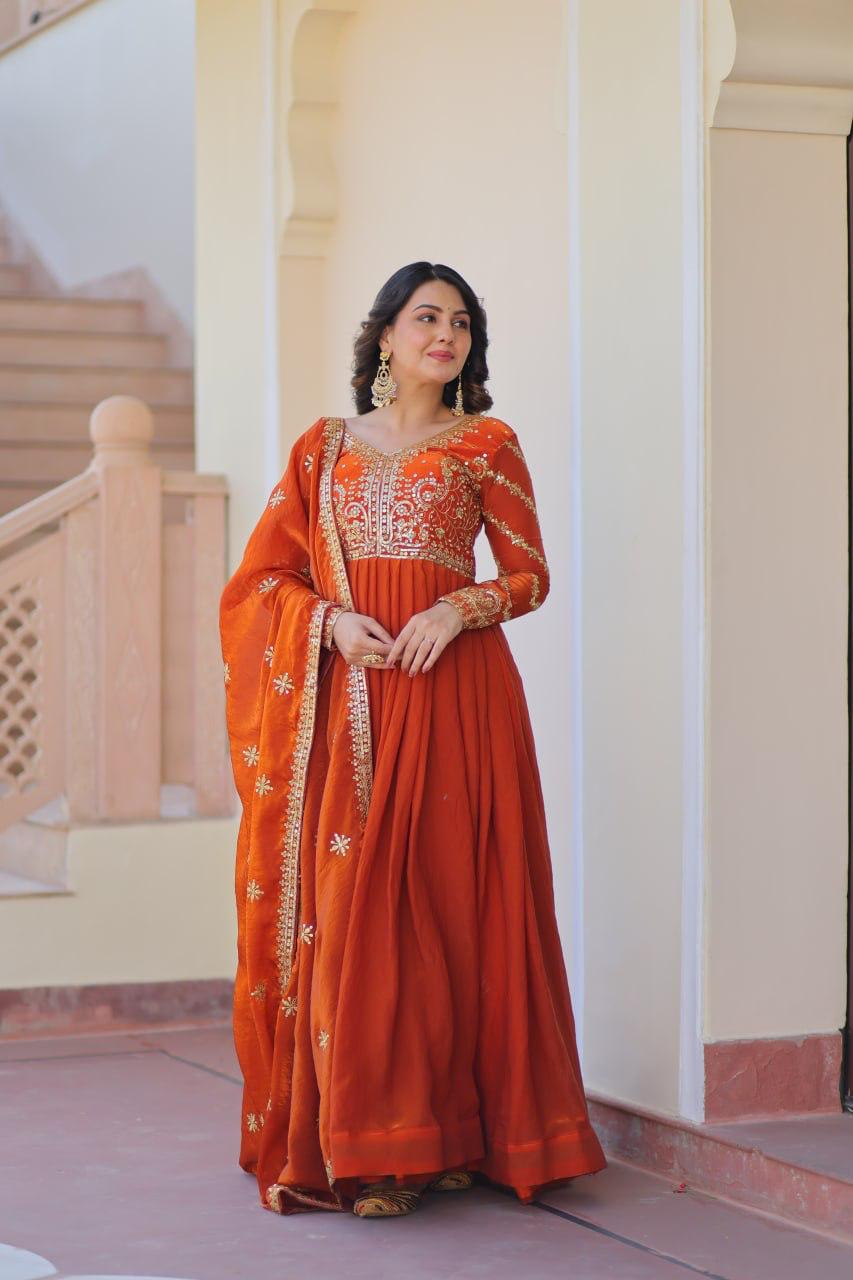 Mehendi Fendy With Zari & Sequins Gown With Dupatta