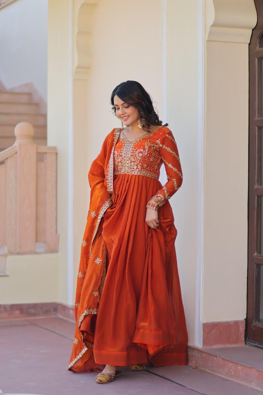 Mehendi Fendy With Zari & Sequins Gown With Dupatta