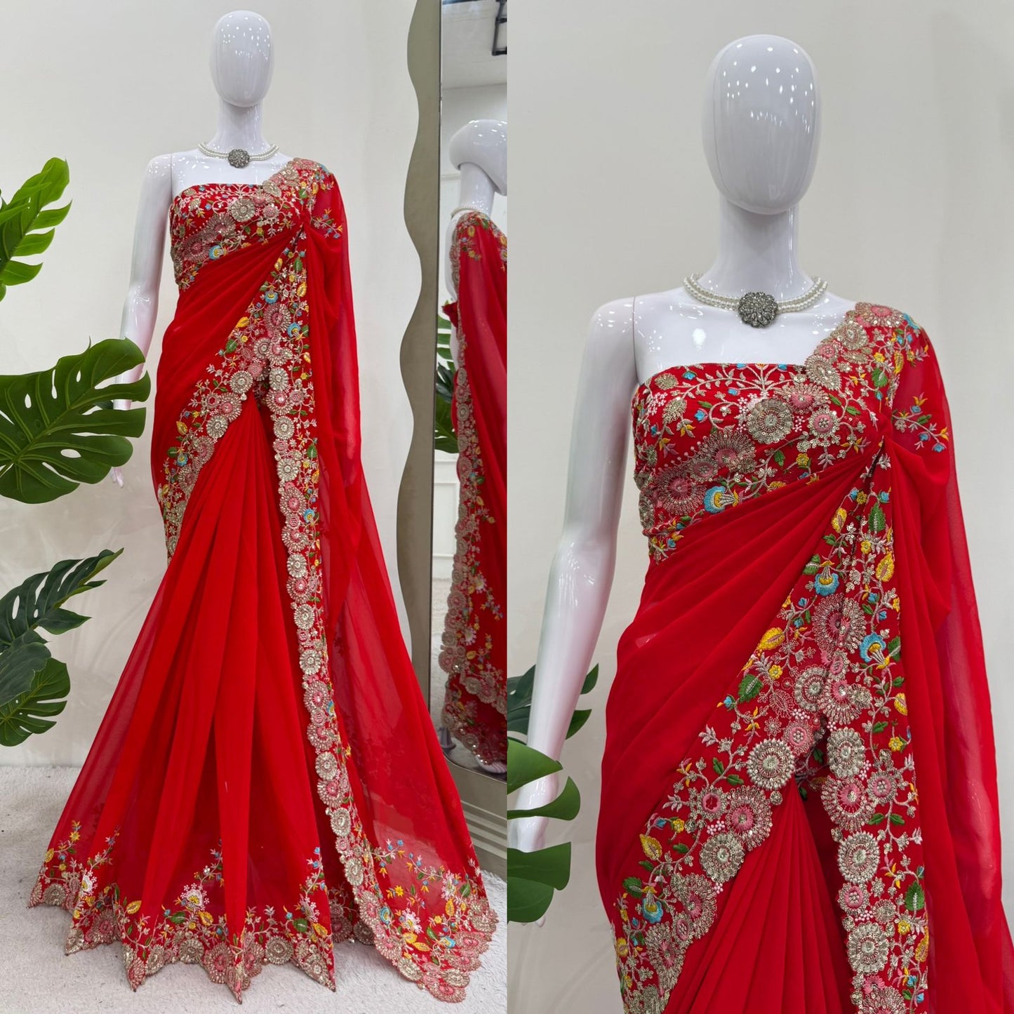 Red Faux Georgette Thread & Sequin Work Saree
