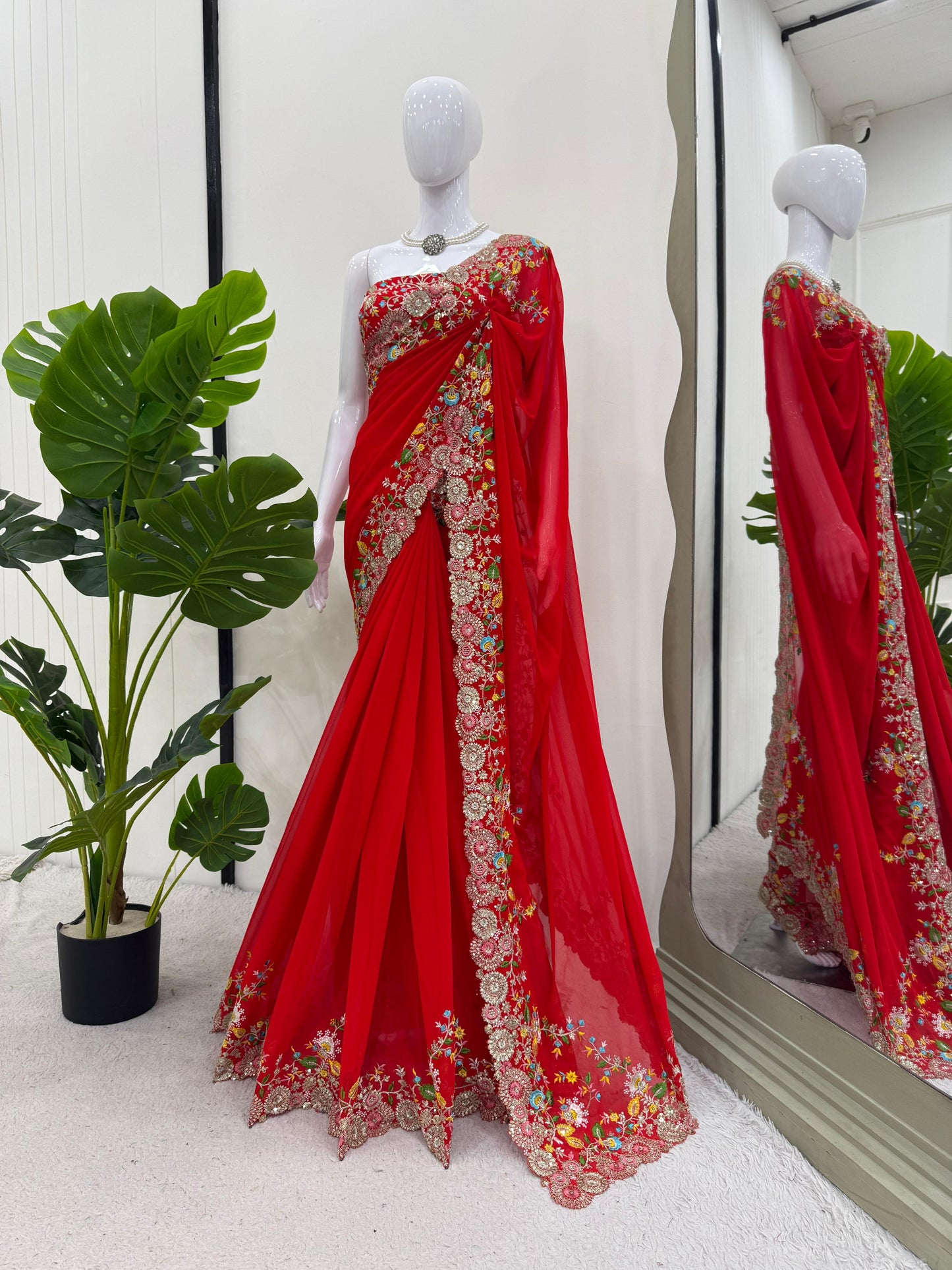 Red Faux Georgette Thread & Sequin Work Saree