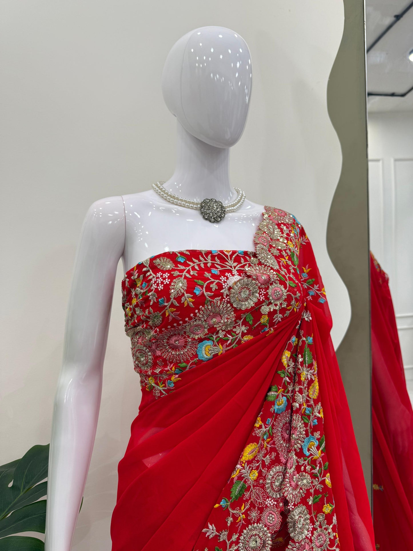 Red Faux Georgette Thread & Sequin Work Saree