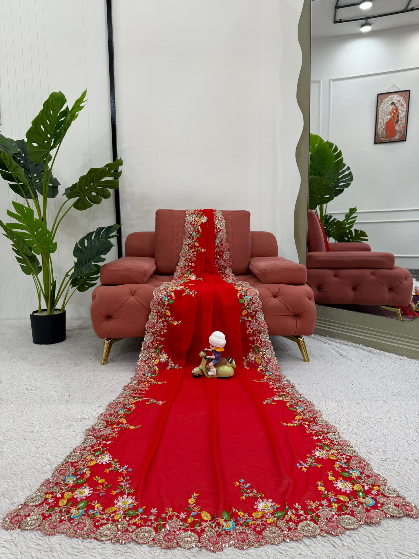 Red Faux Georgette Thread & Sequin Work Saree