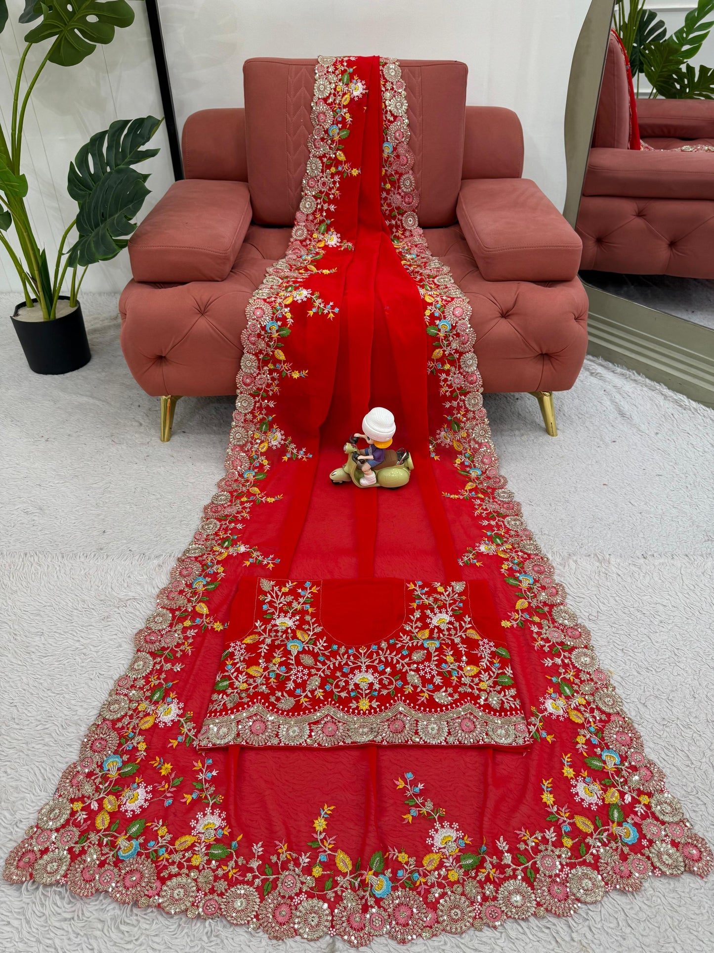 Red Faux Georgette Thread & Sequin Work Saree