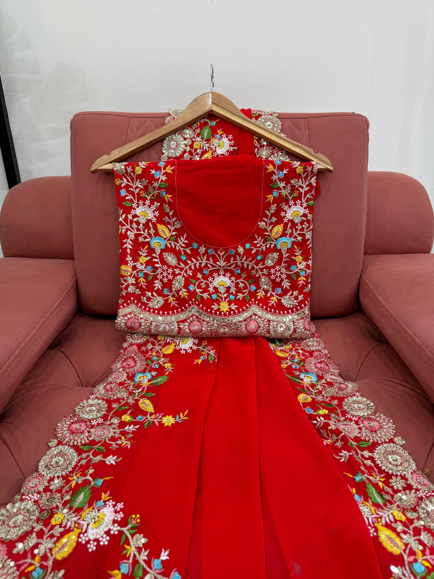 Red Faux Georgette Thread & Sequin Work Saree