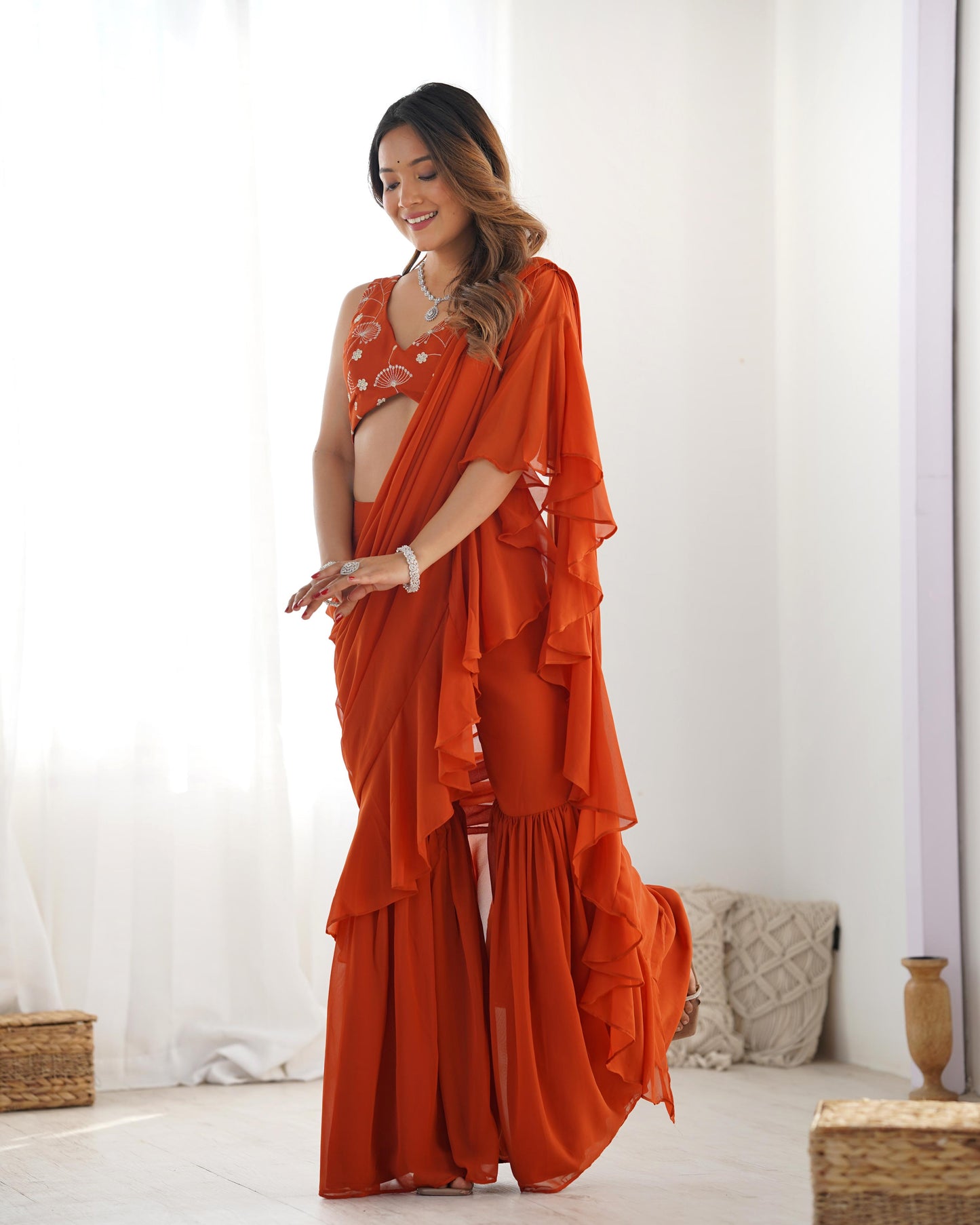 Rust Orange Pure Fox Georgette Ready-to-wear Sharara Saree