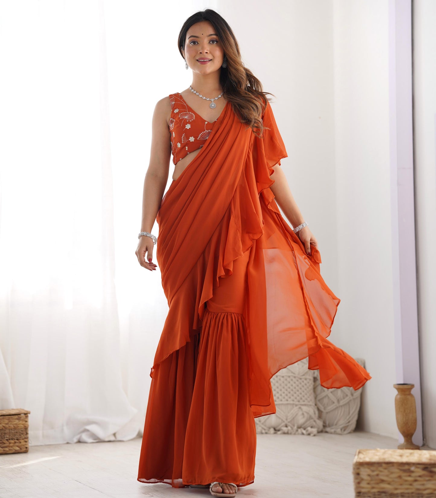 Rust Orange Pure Fox Georgette Ready-to-wear Sharara Saree