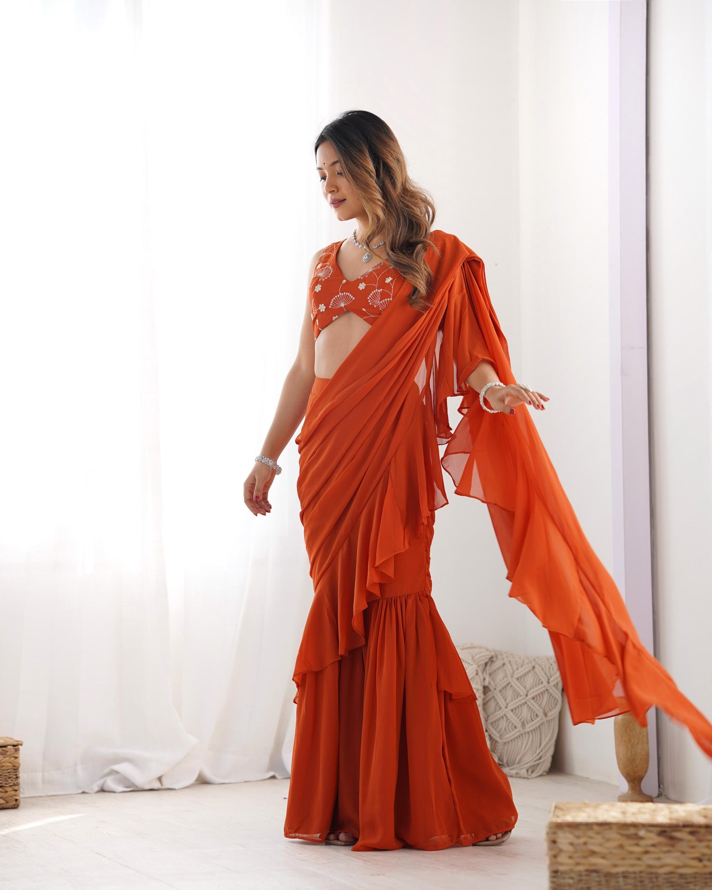 Rust Orange Pure Fox Georgette Ready-to-wear Sharara Saree
