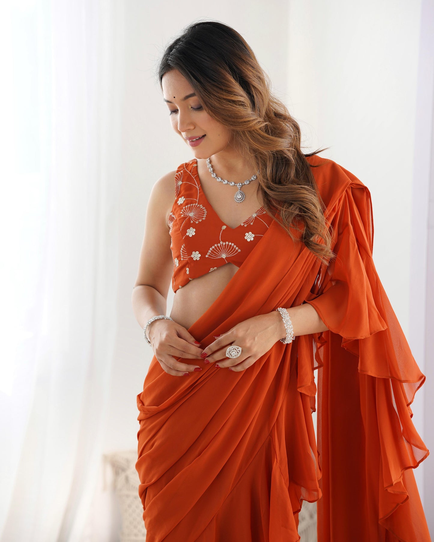 Rust Orange Pure Fox Georgette Ready-to-wear Sharara Saree