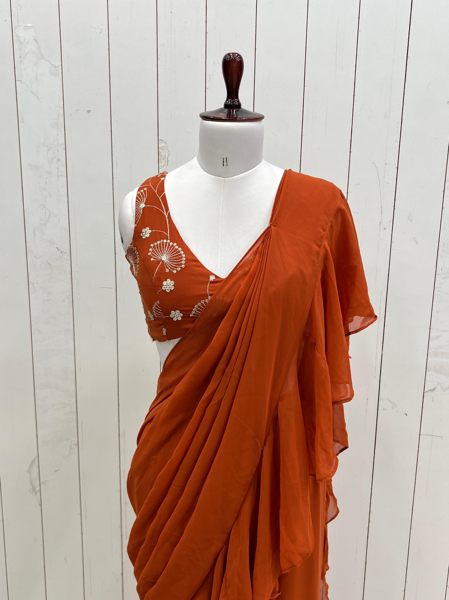 Rust Orange Pure Fox Georgette Ready-to-wear Sharara Saree