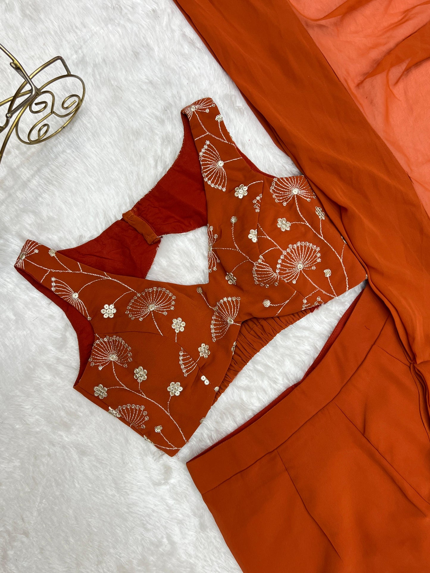 Rust Orange Pure Fox Georgette Ready-to-wear Sharara Saree