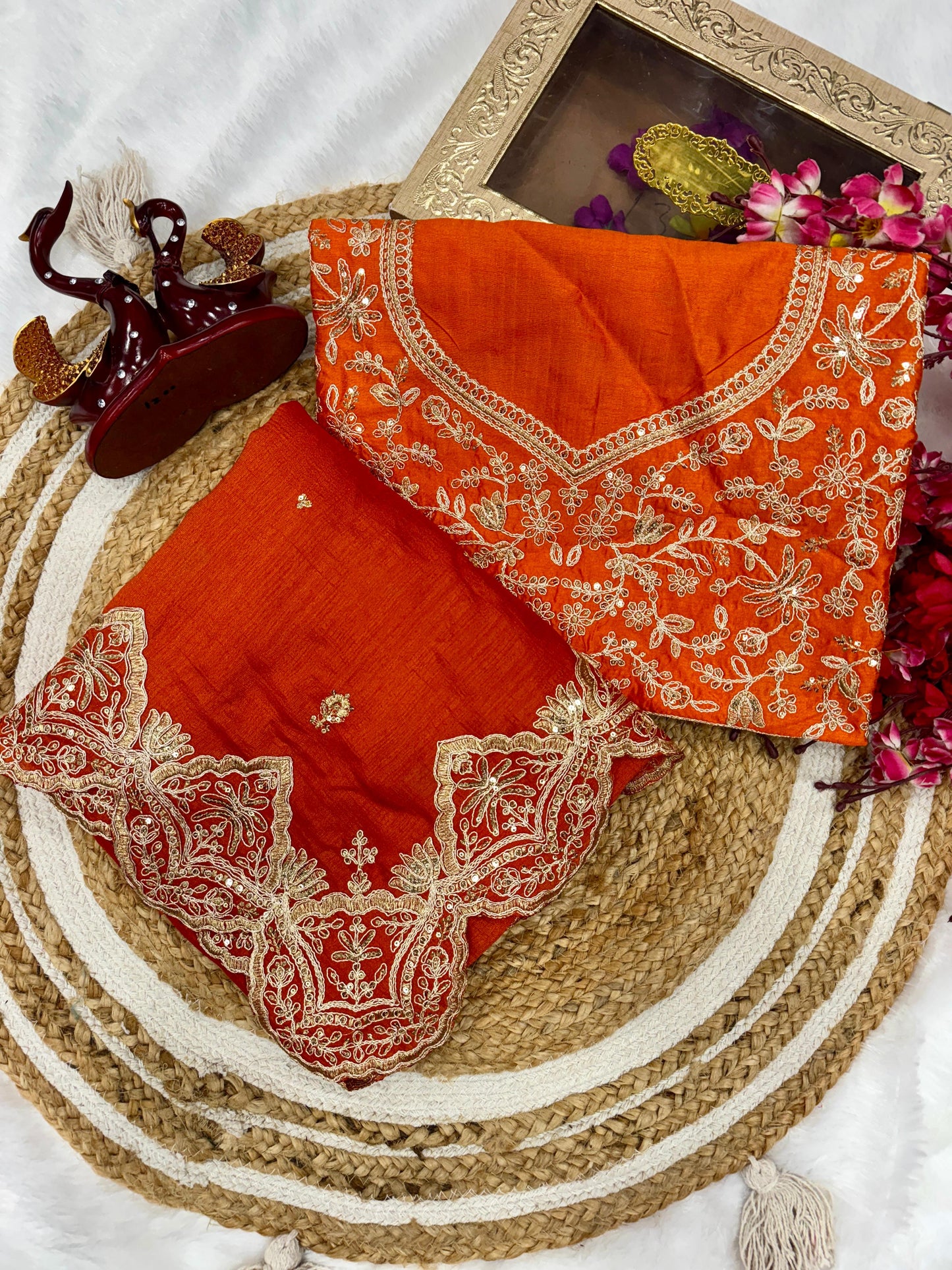 Rust Orange Soft Blooming Vichitra Silk Saree