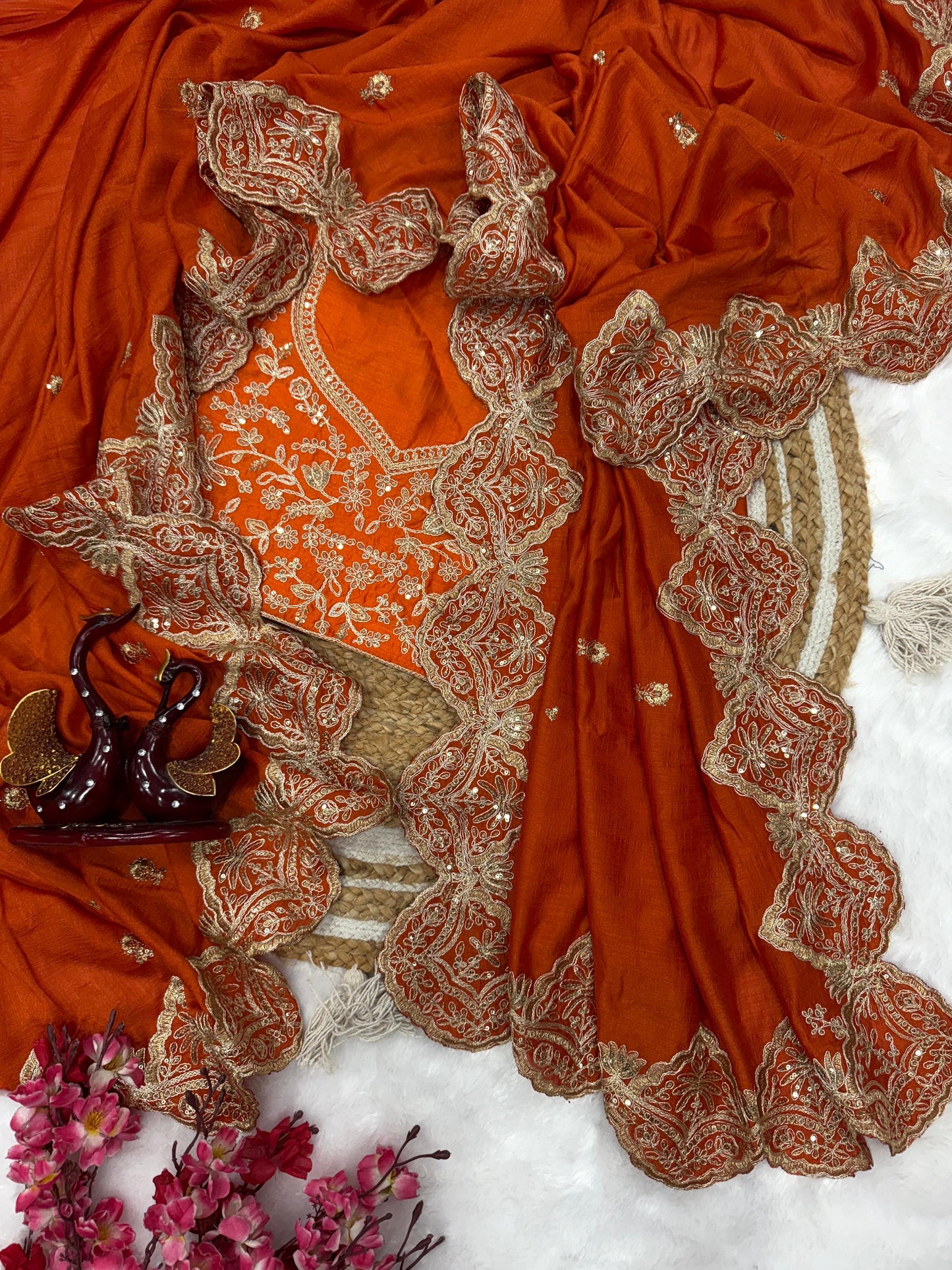 Rust Orange Soft Blooming Vichitra Silk Saree