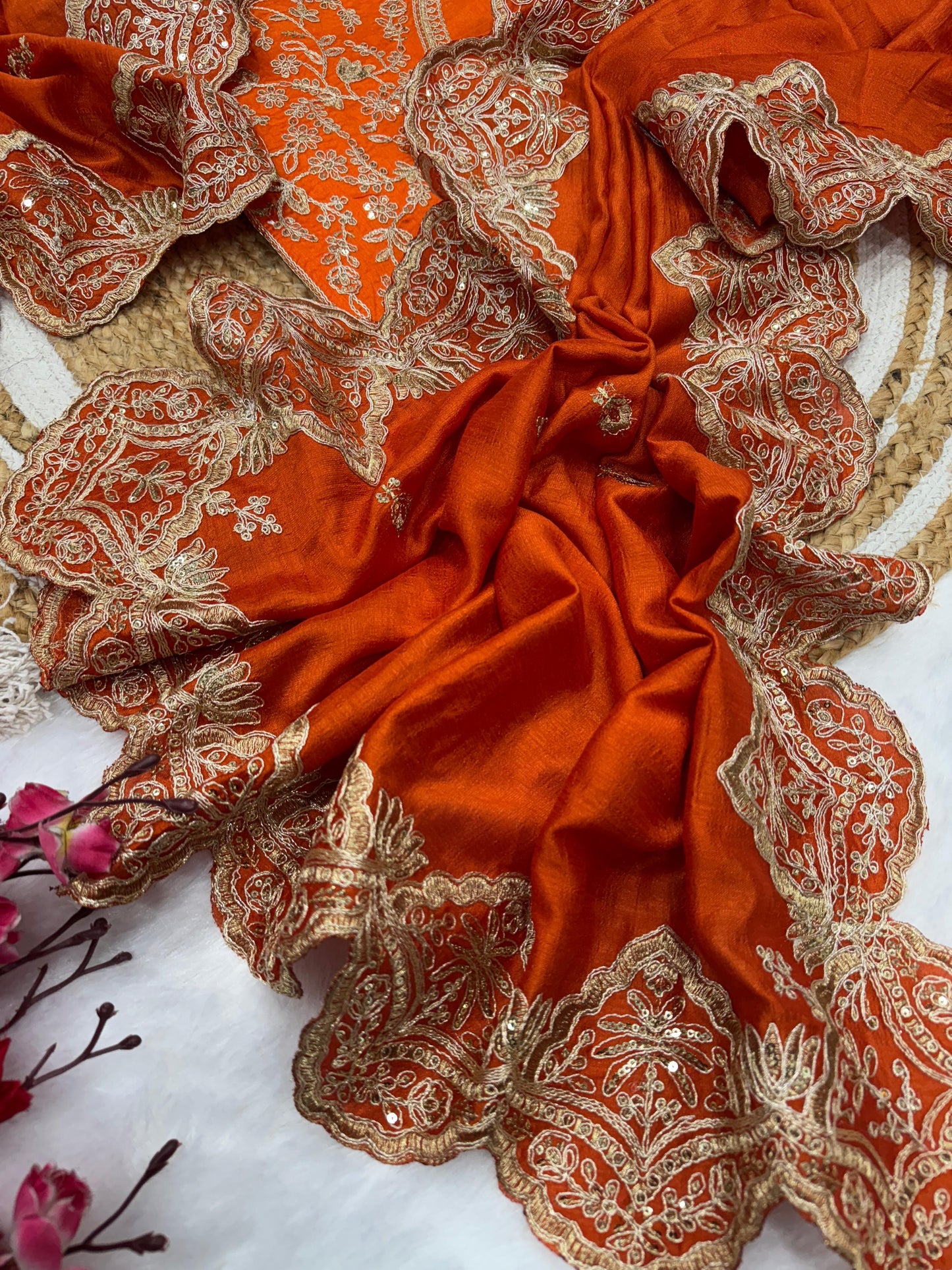 Rust Orange Soft Blooming Vichitra Silk Saree