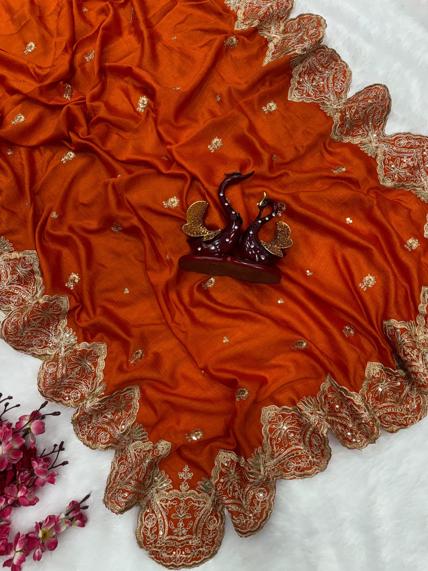 Rust Orange Soft Blooming Vichitra Silk Saree