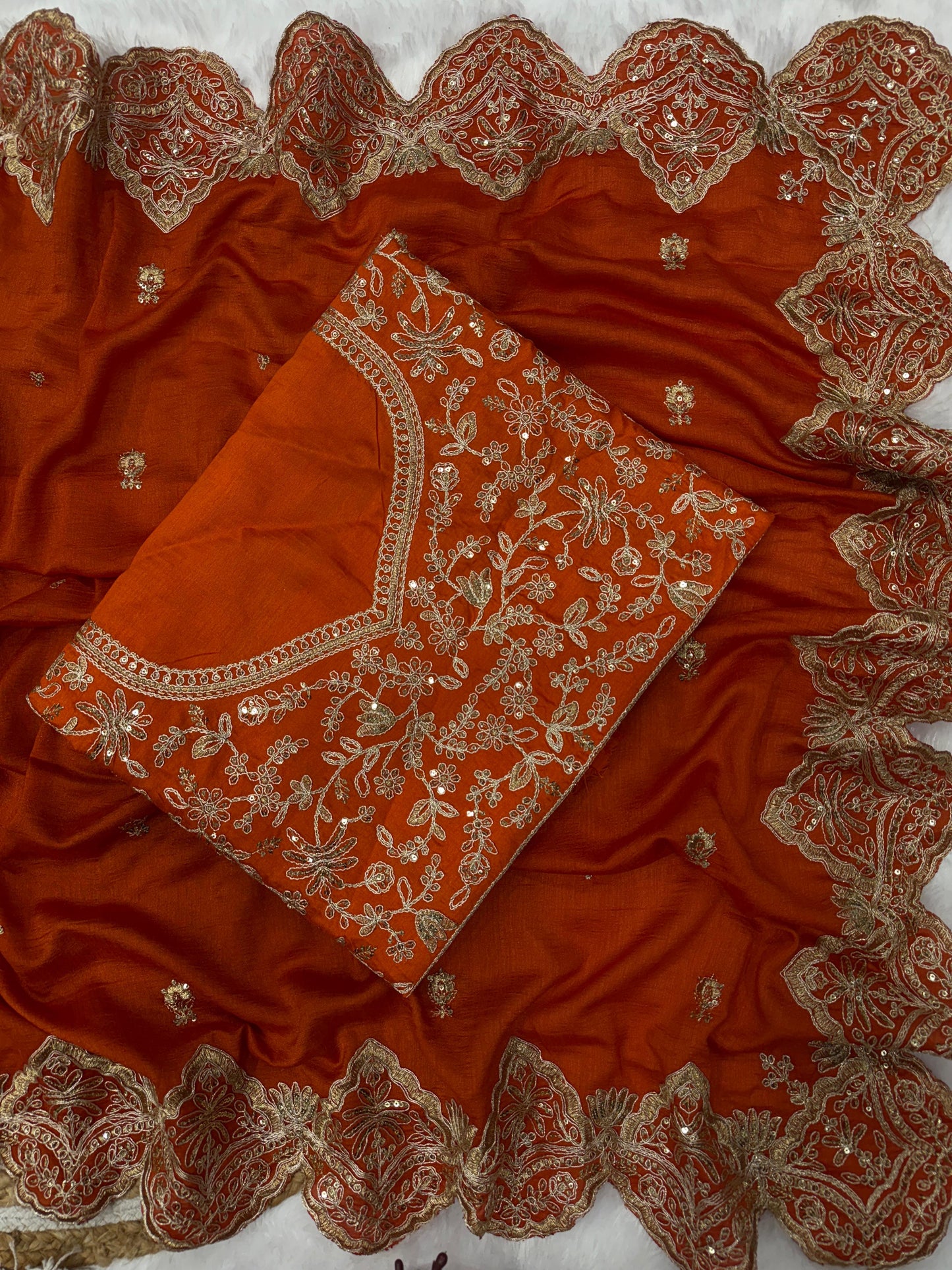 Rust Orange Soft Blooming Vichitra Silk Saree