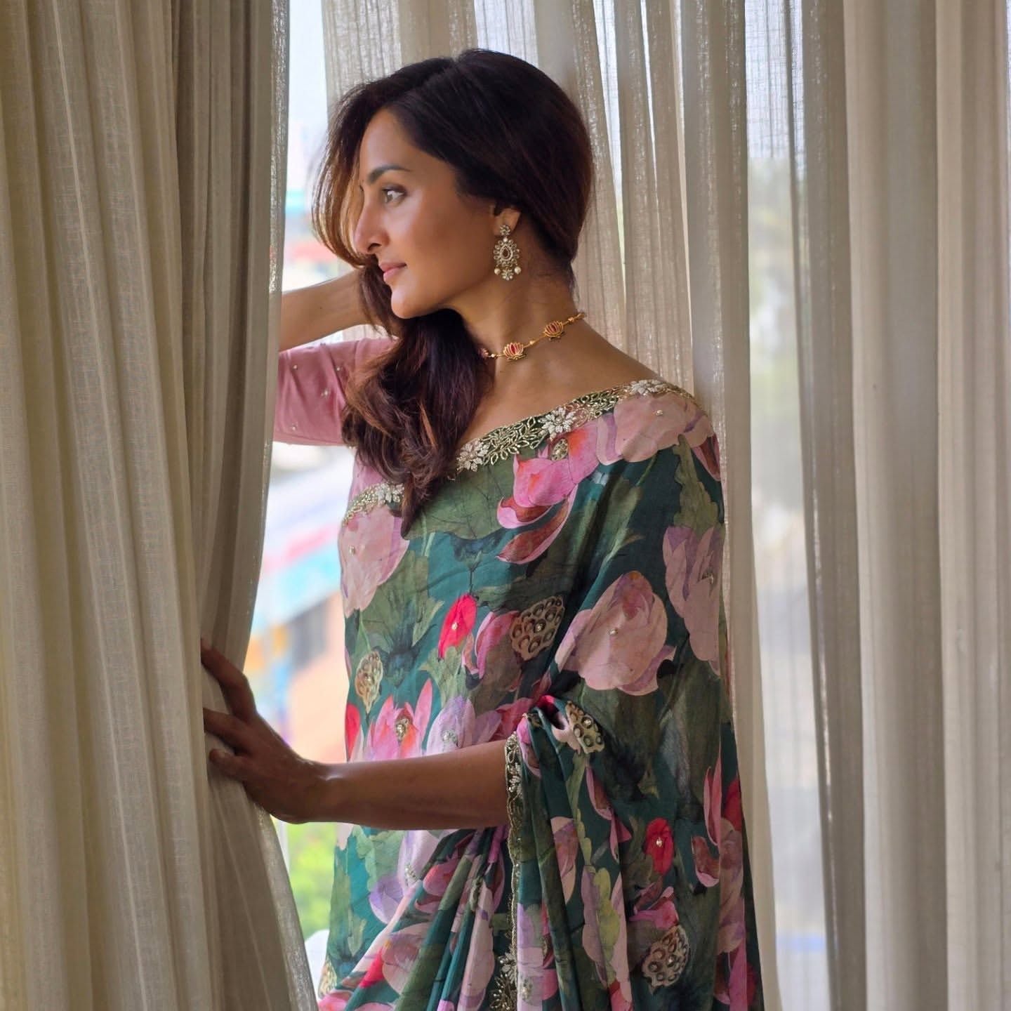 Green Tebby Silk Floral Print With Katdana Work Saree