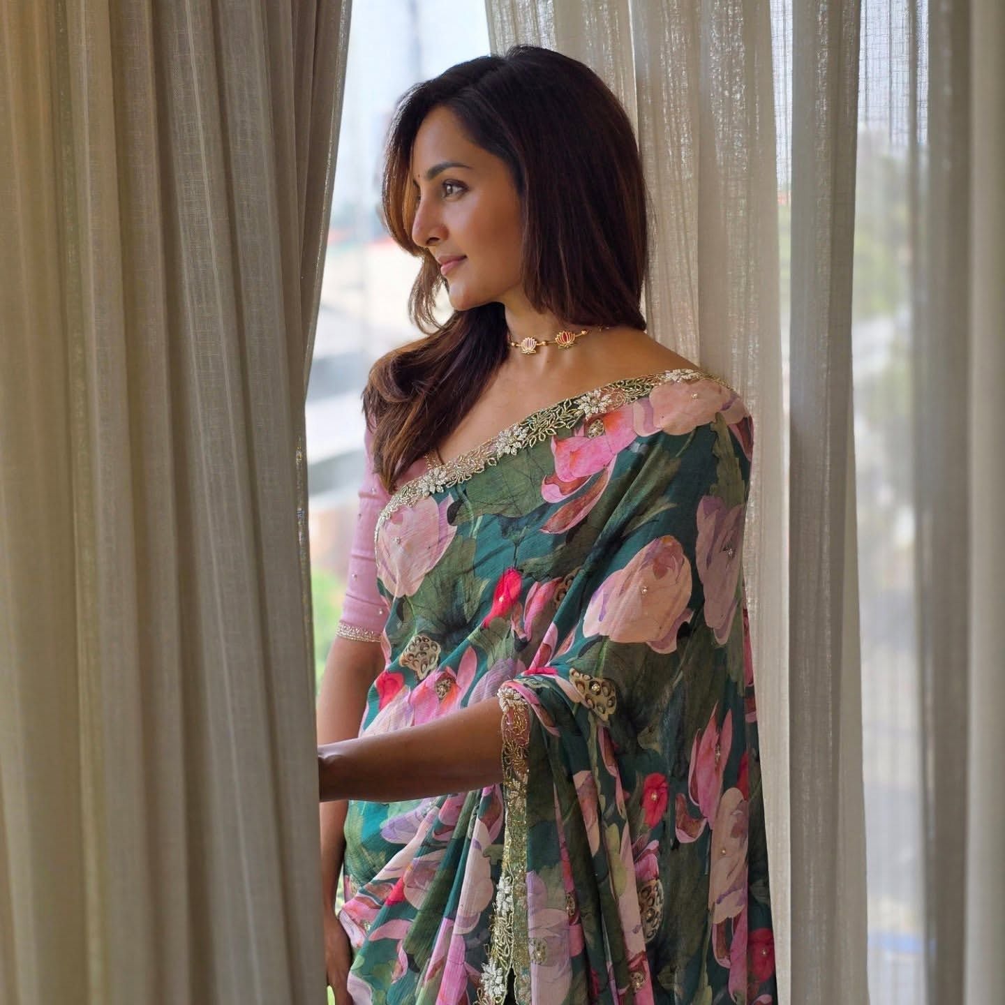 Green Tebby Silk Floral Print With Katdana Work Saree