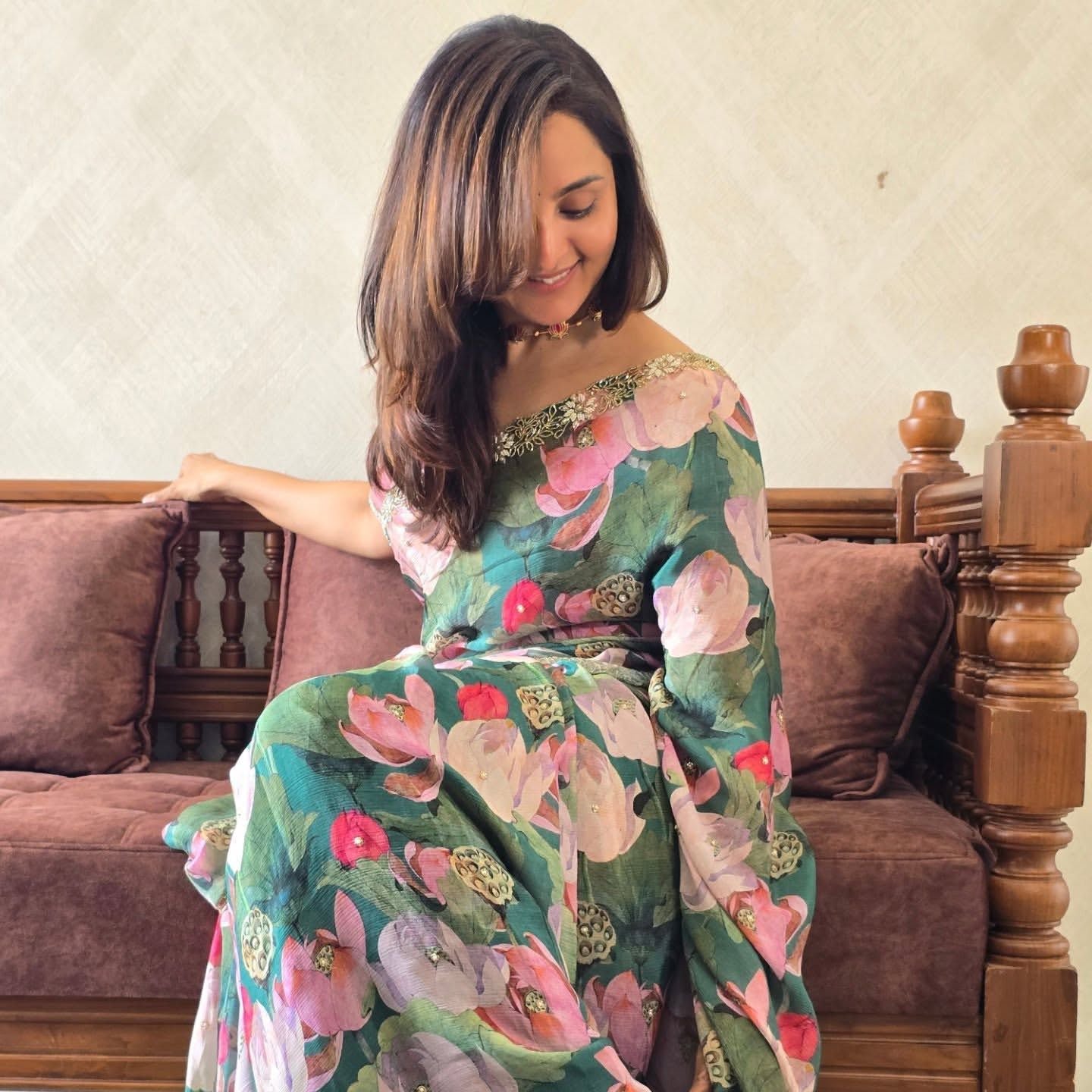 Green Tebby Silk Floral Print With Katdana Work Saree