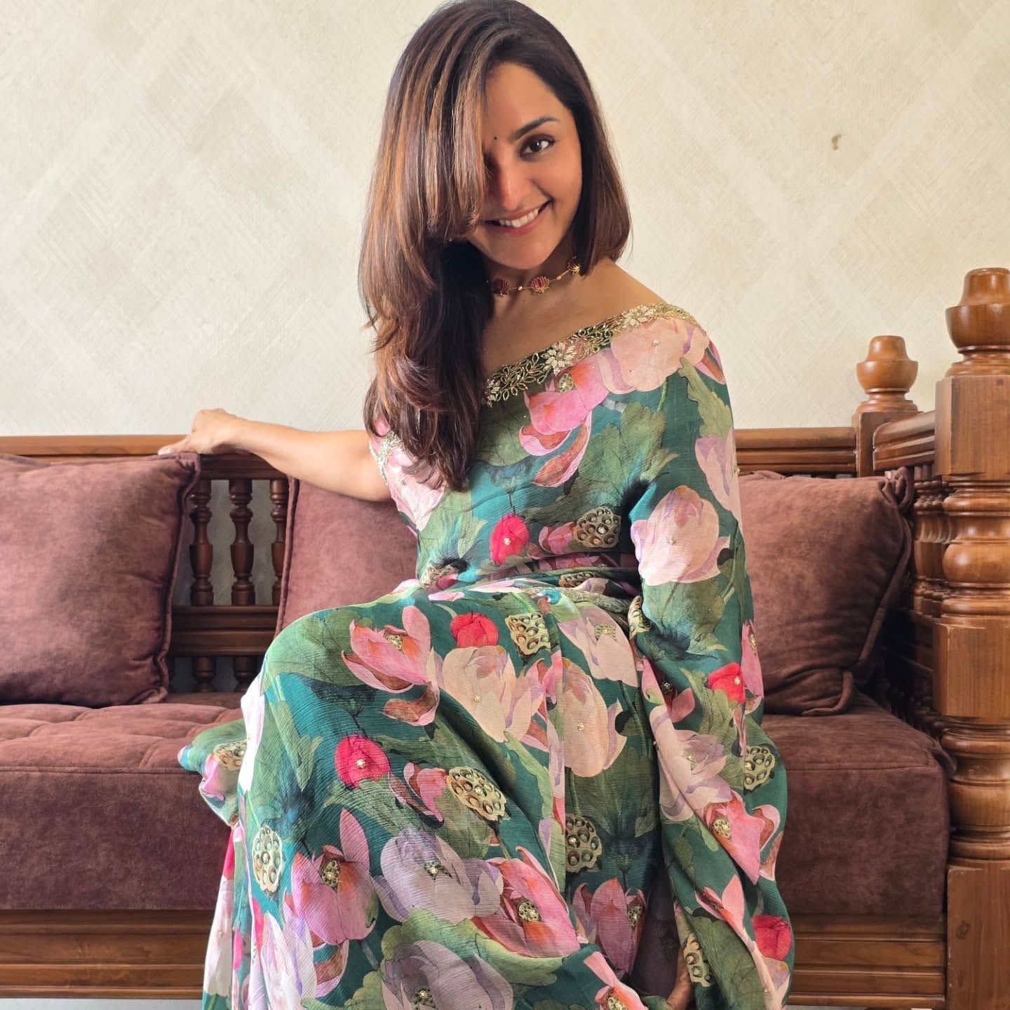 Green Tebby Silk Floral Print With Katdana Work Saree