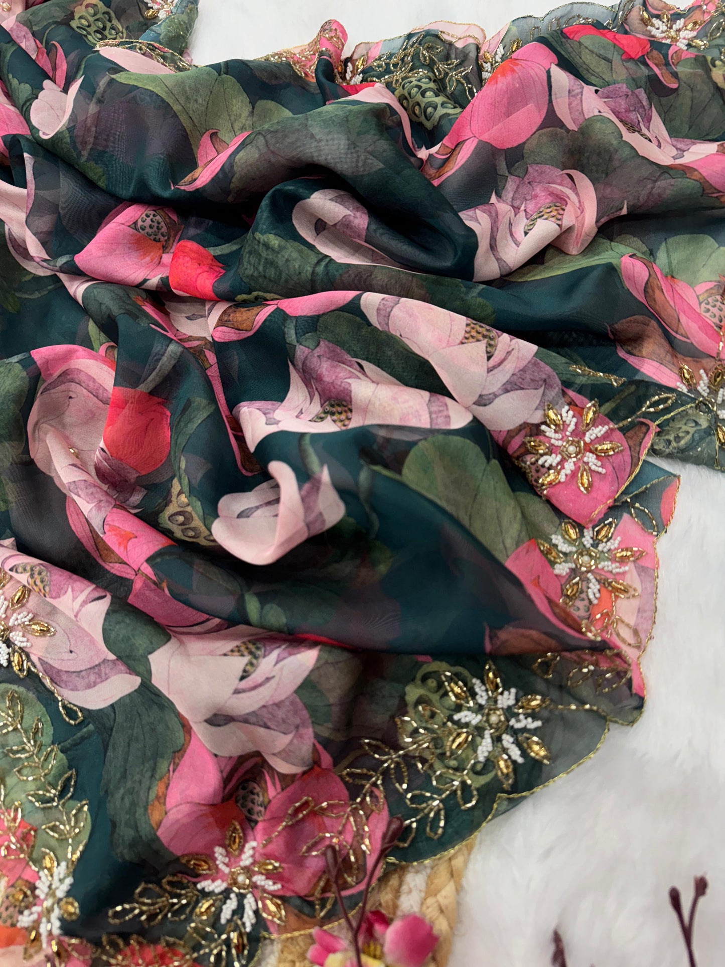 Green Tebby Silk Floral Print With Katdana Work Saree