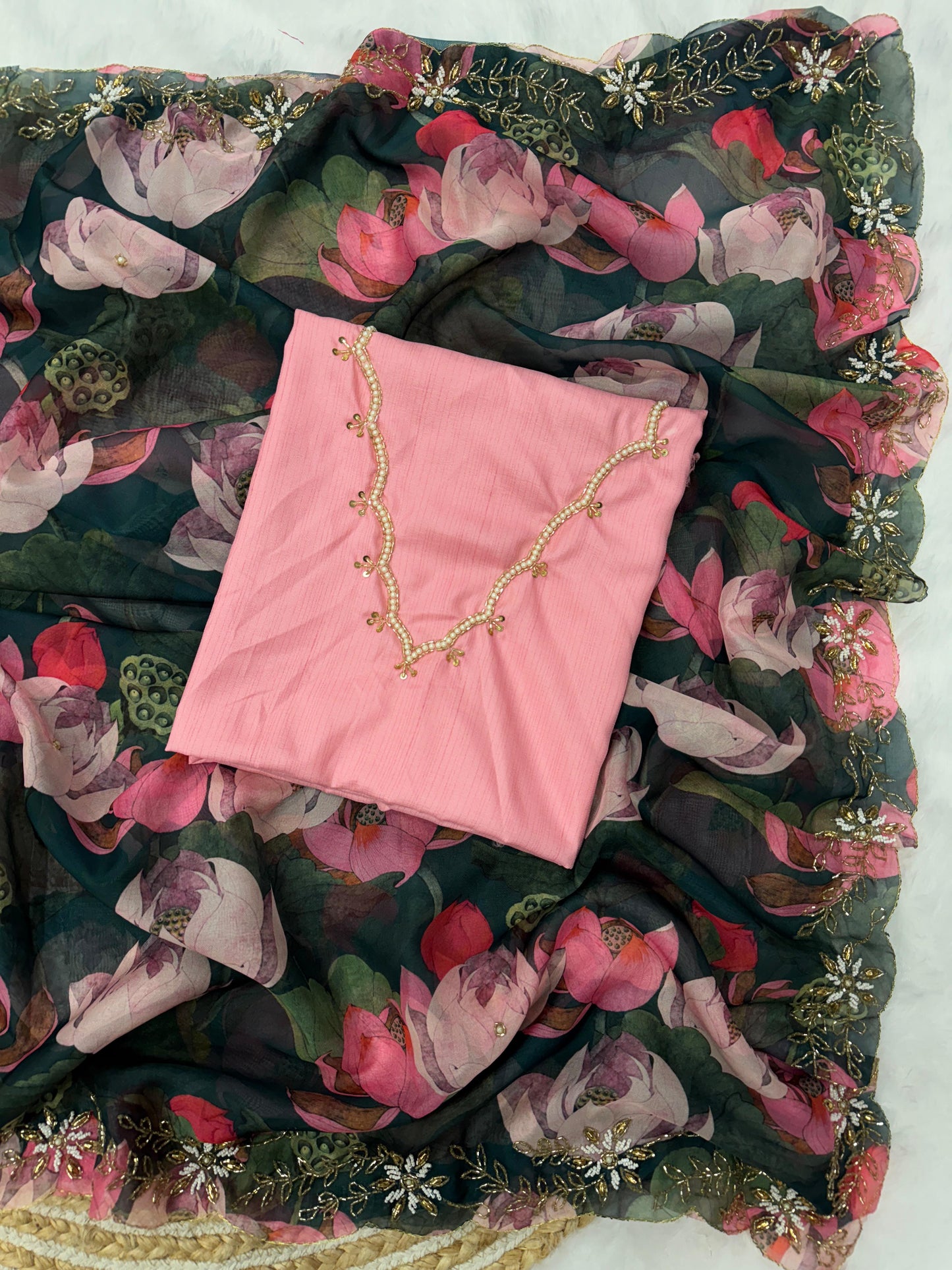 Green Tebby Silk Floral Print With Katdana Work Saree