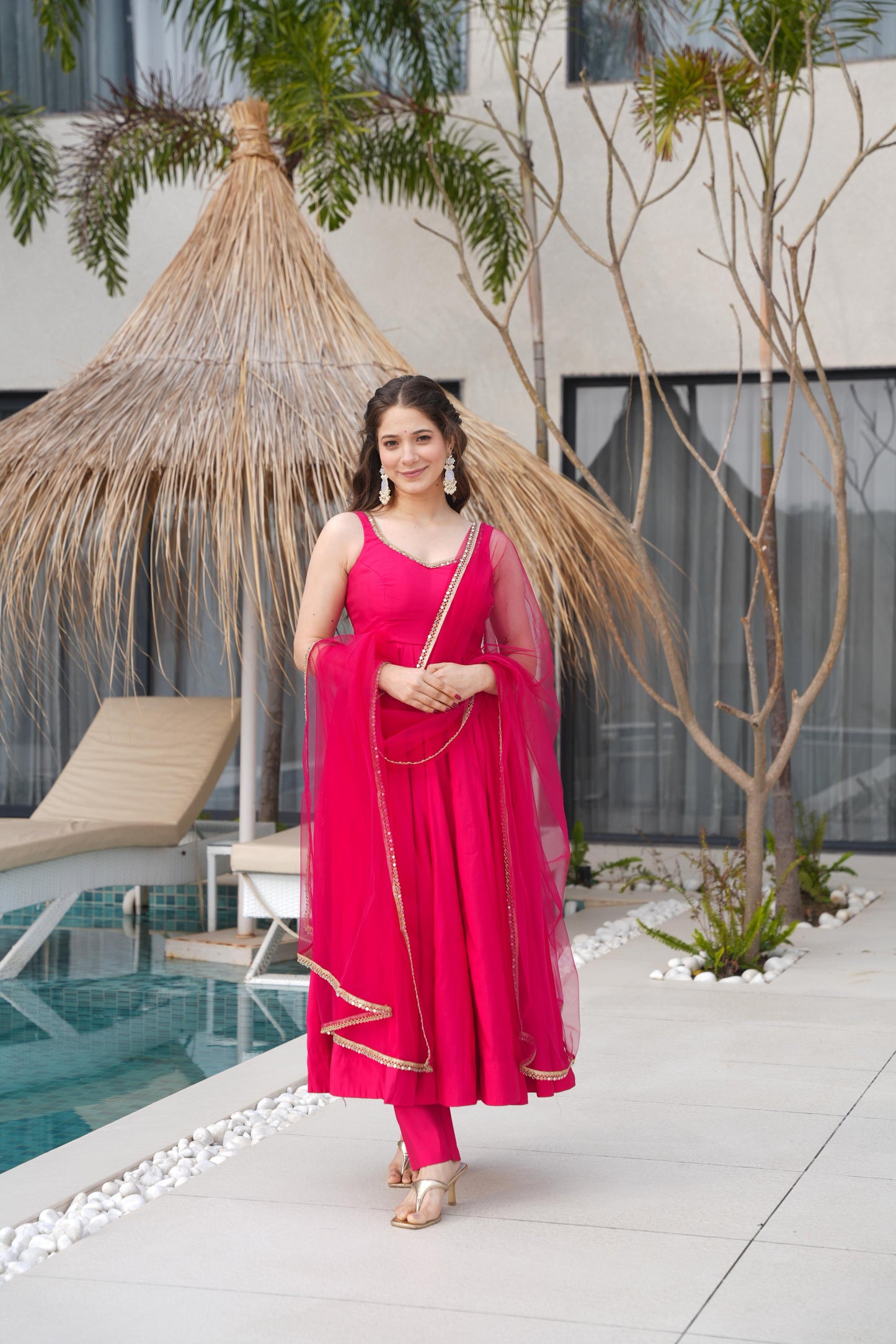 Rani Pink Pure Romansilk Chanderi 3pc Kurta Set