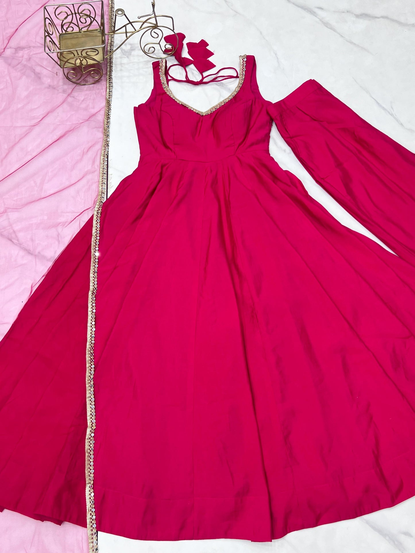 Rani Pink Pure Romansilk Chanderi 3pc Kurta Set