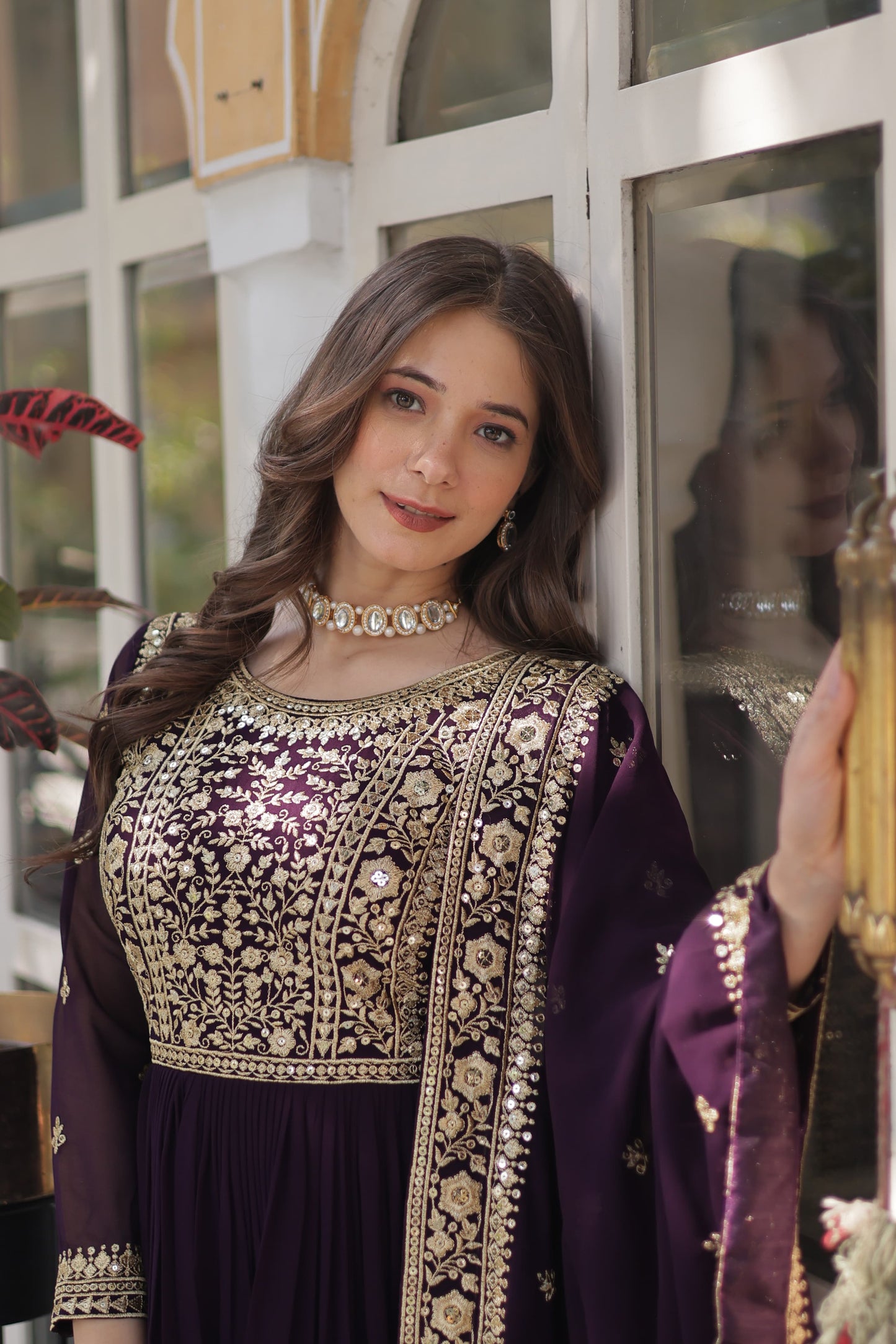 Wine Embroidery Zari Sequins Work Gown With Dupatta