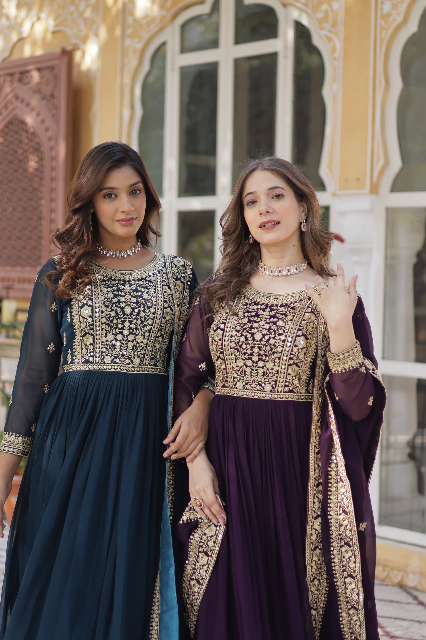 Wine Embroidery Zari Sequins Work Gown With Dupatta
