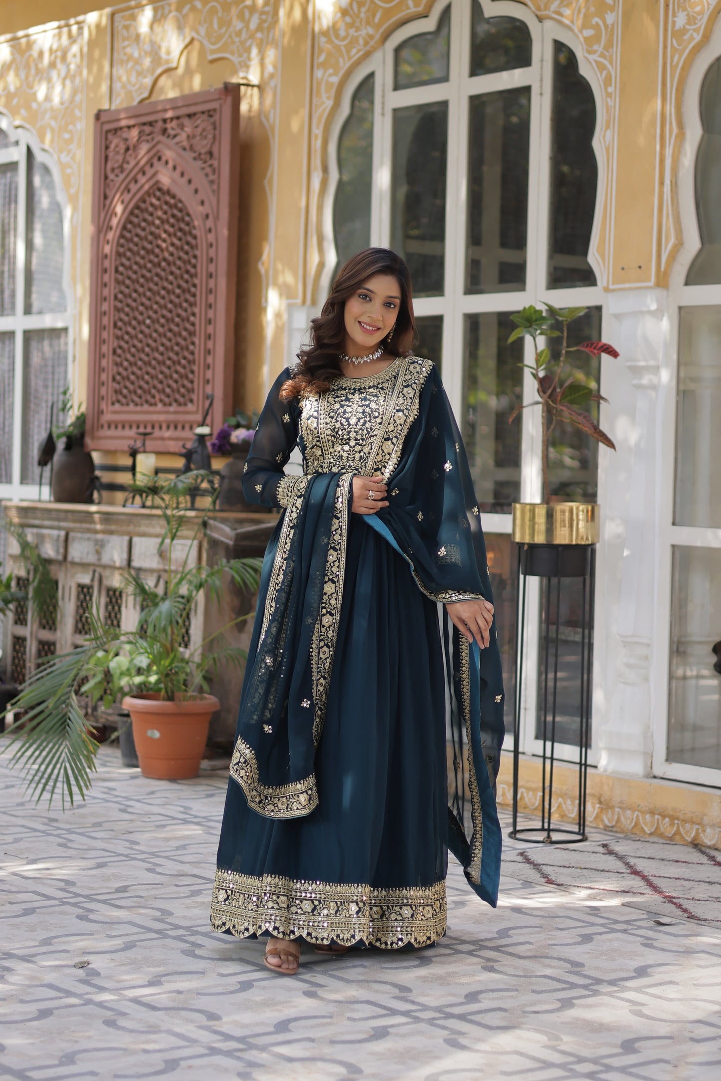 Wine Embroidery Zari Sequins Work Gown With Dupatta
