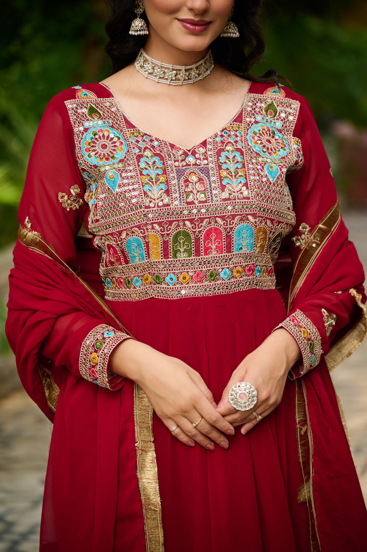 Maroon Faux Blooming Thread Embroidered Work GOWN With Dupatta