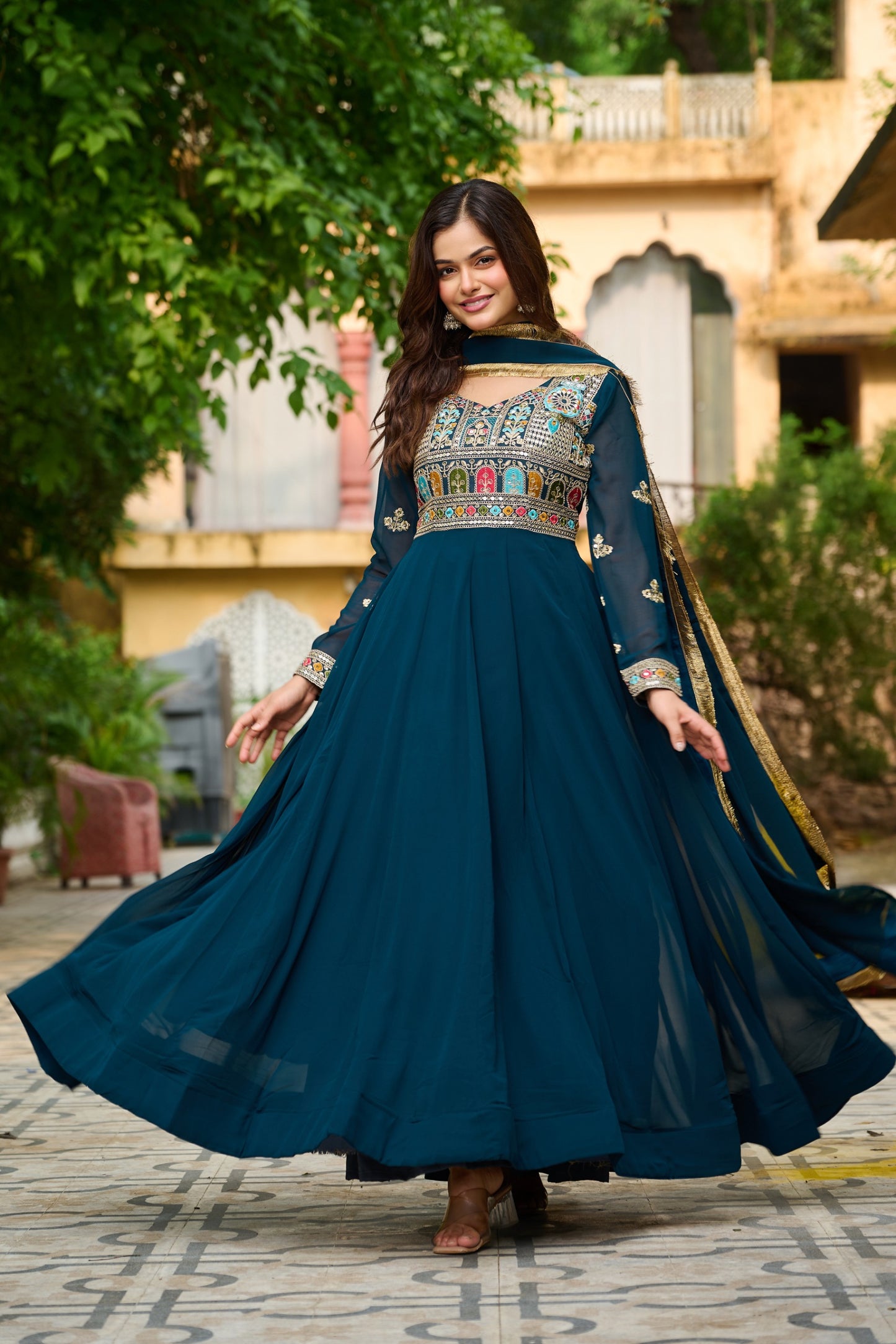 Maroon Faux Blooming Thread Embroidered Work GOWN With Dupatta