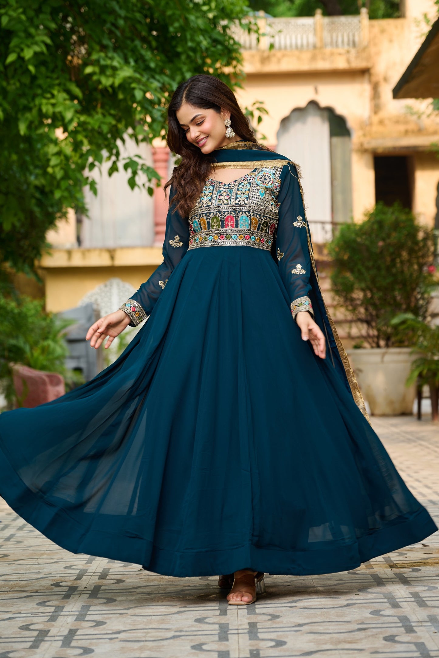 Maroon Faux Blooming Thread Embroidered Work GOWN With Dupatta