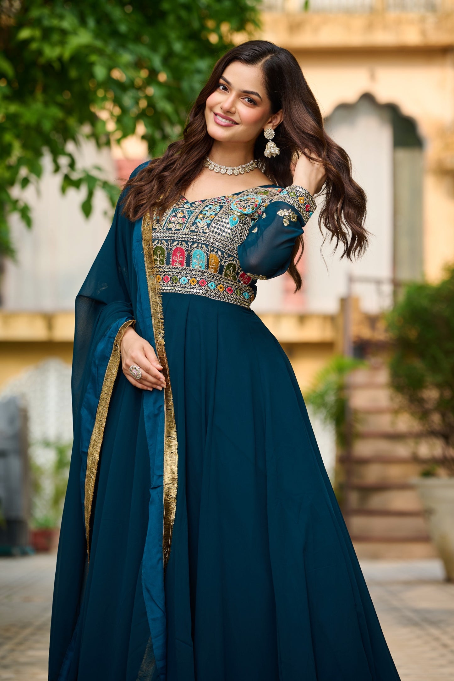 Maroon Faux Blooming Thread Embroidered Work GOWN With Dupatta