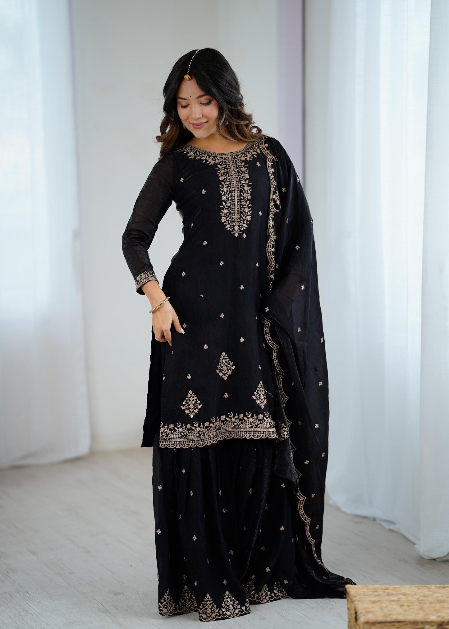 Black Soft Crunchy Silk with Fancy Embroidery Work 3pc Kurta Set