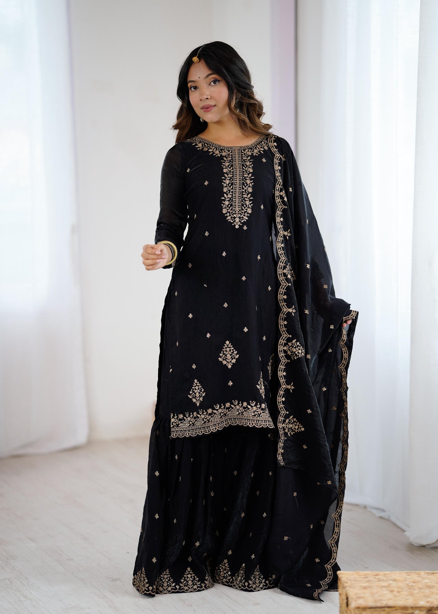 Black Soft Crunchy Silk with Fancy Embroidery Work 3pc Kurta Set