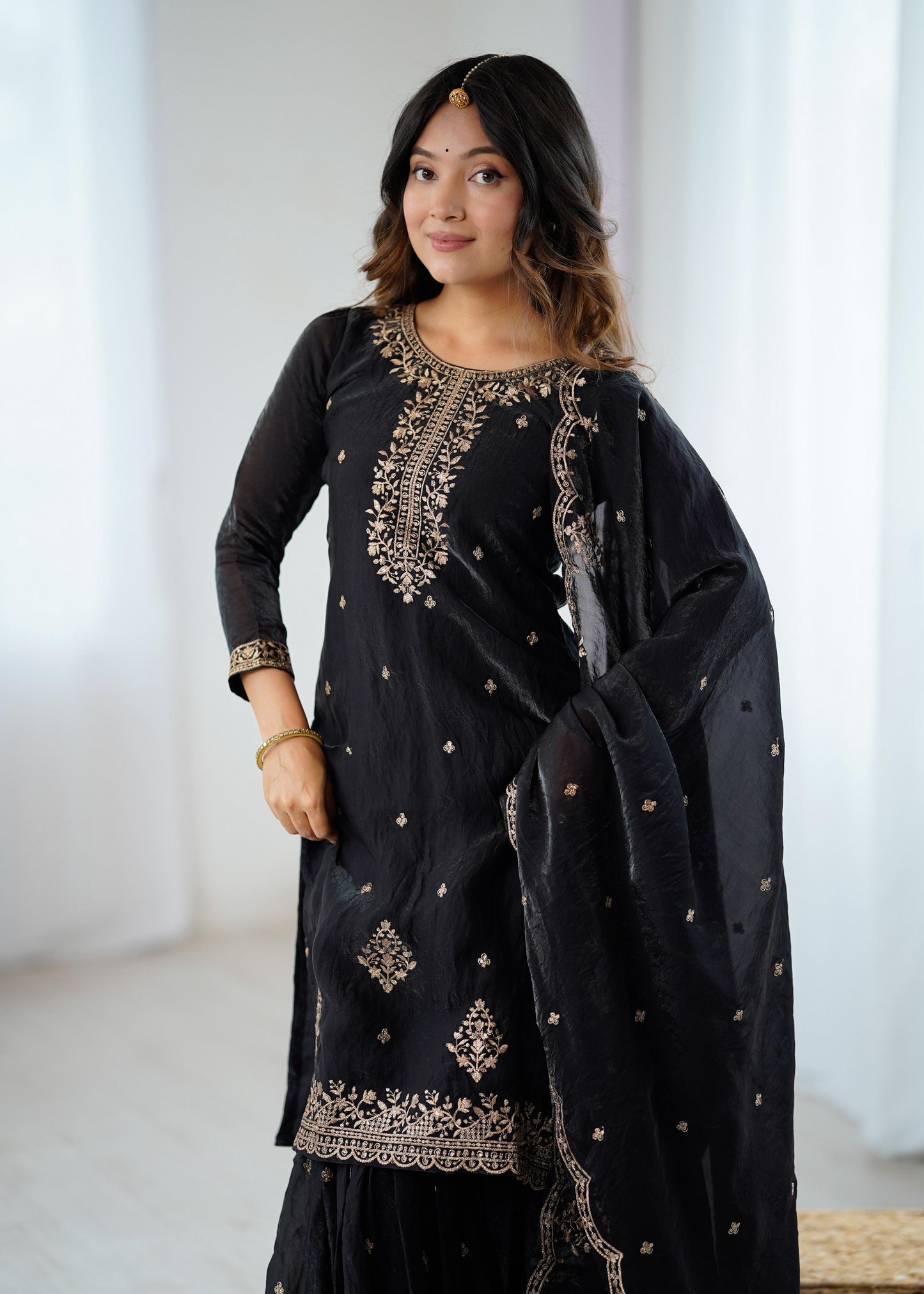 Black Soft Crunchy Silk with Fancy Embroidery Work 3pc Kurta Set