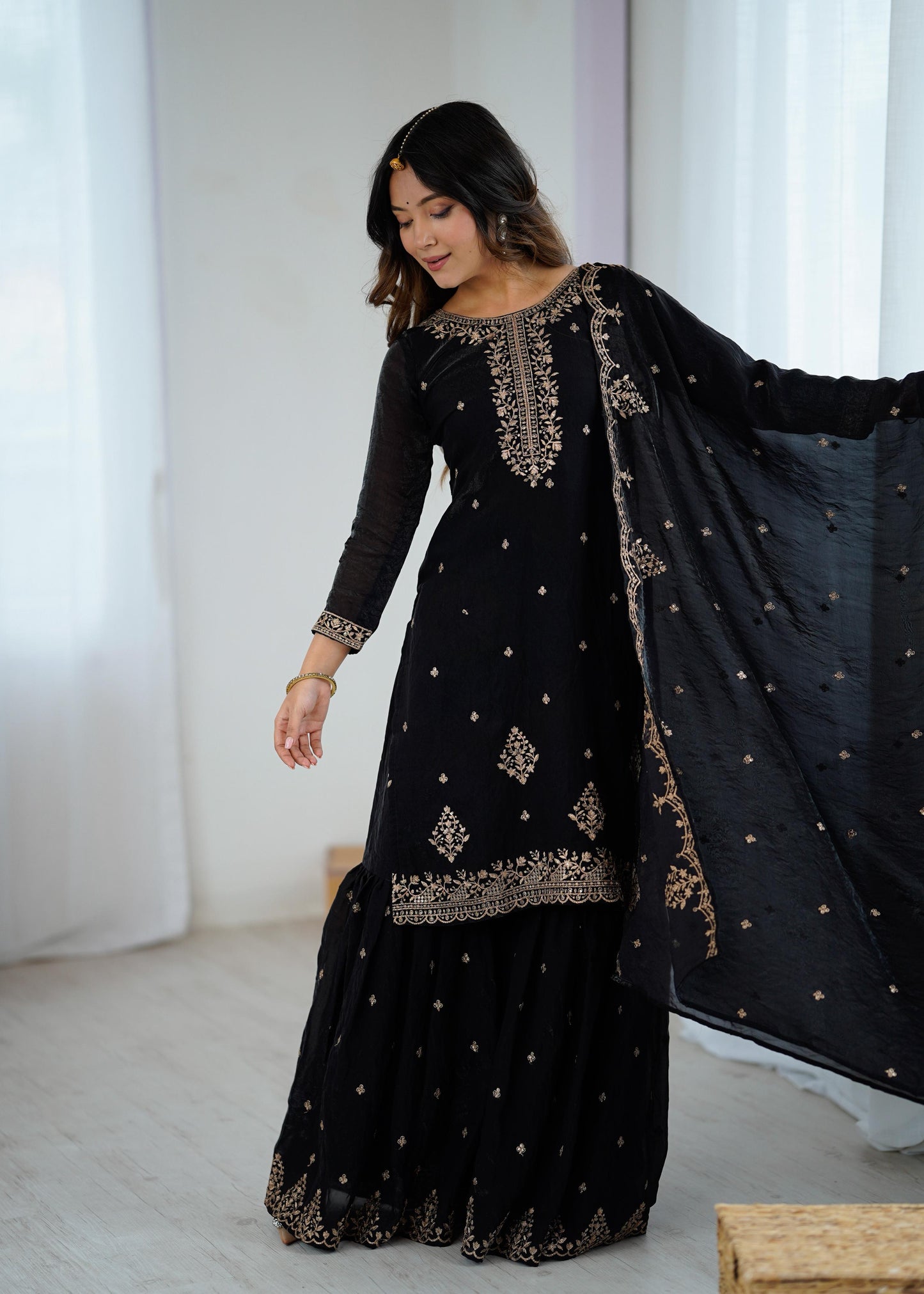 Black Soft Crunchy Silk with Fancy Embroidery Work 3pc Kurta Set