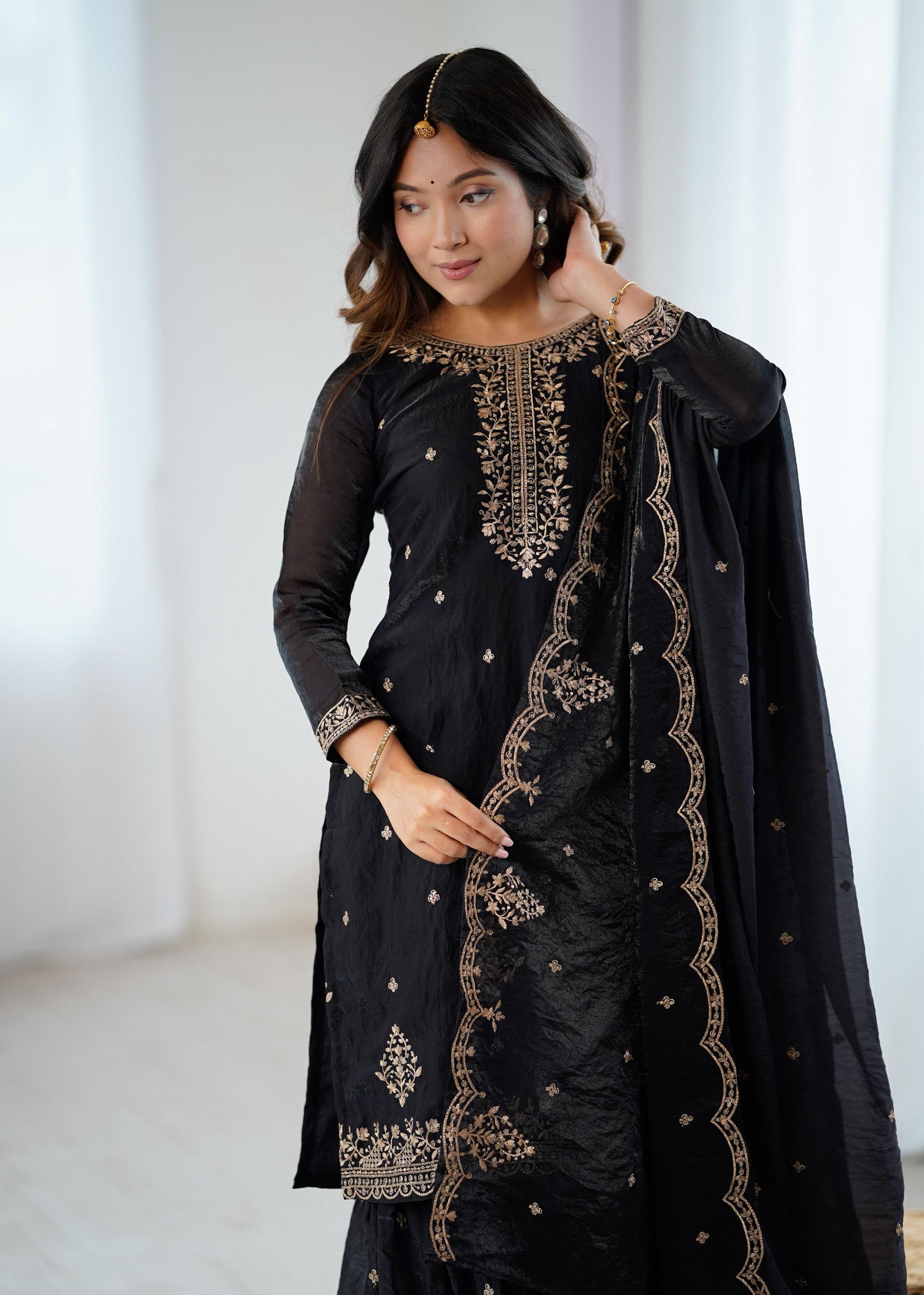 Black Soft Crunchy Silk with Fancy Embroidery Work 3pc Kurta Set