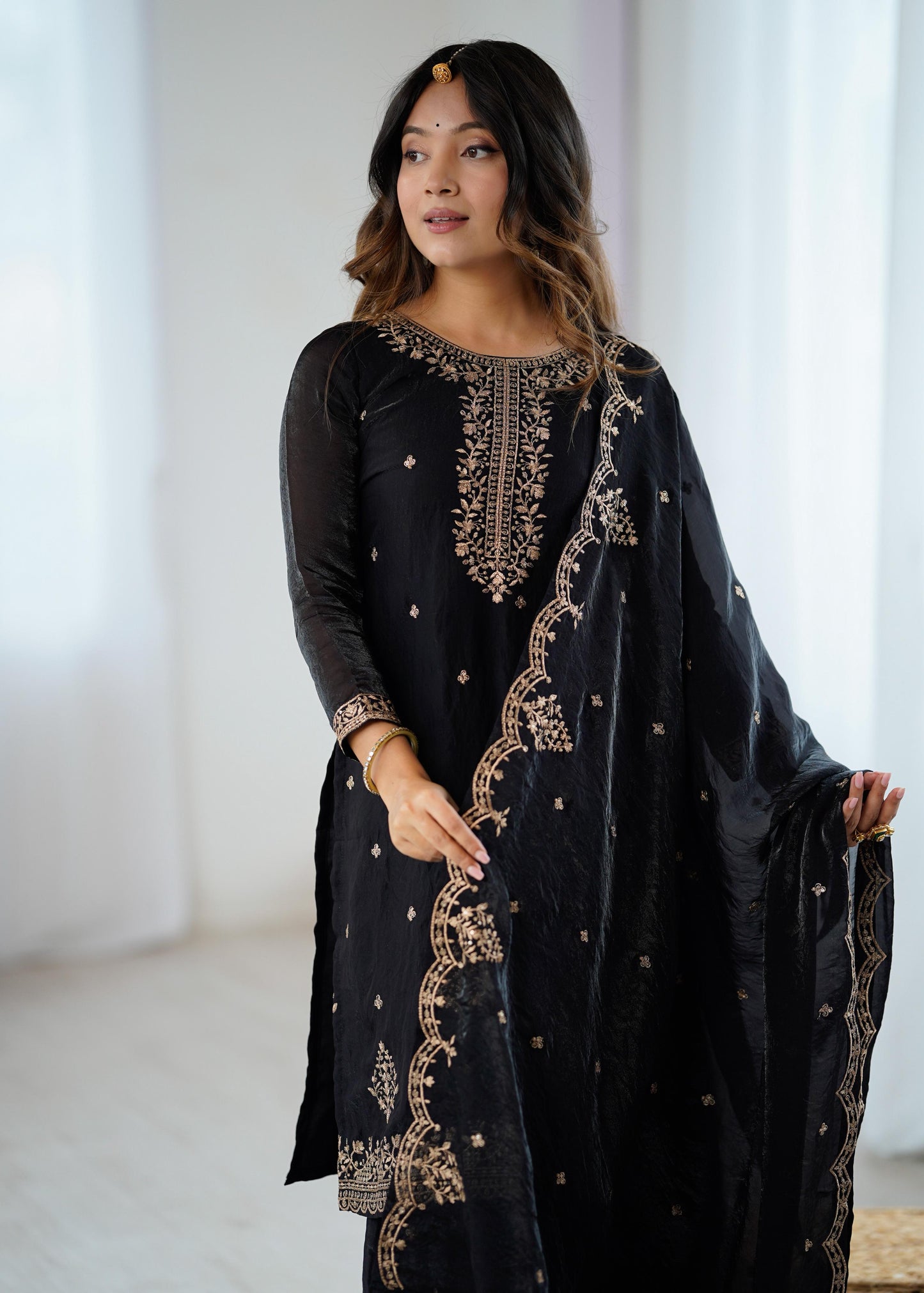 Black Soft Crunchy Silk with Fancy Embroidery Work 3pc Kurta Set