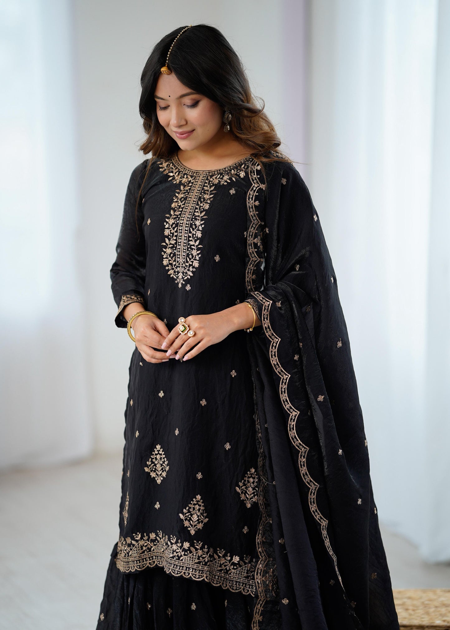 Black Soft Crunchy Silk with Fancy Embroidery Work 3pc Kurta Set